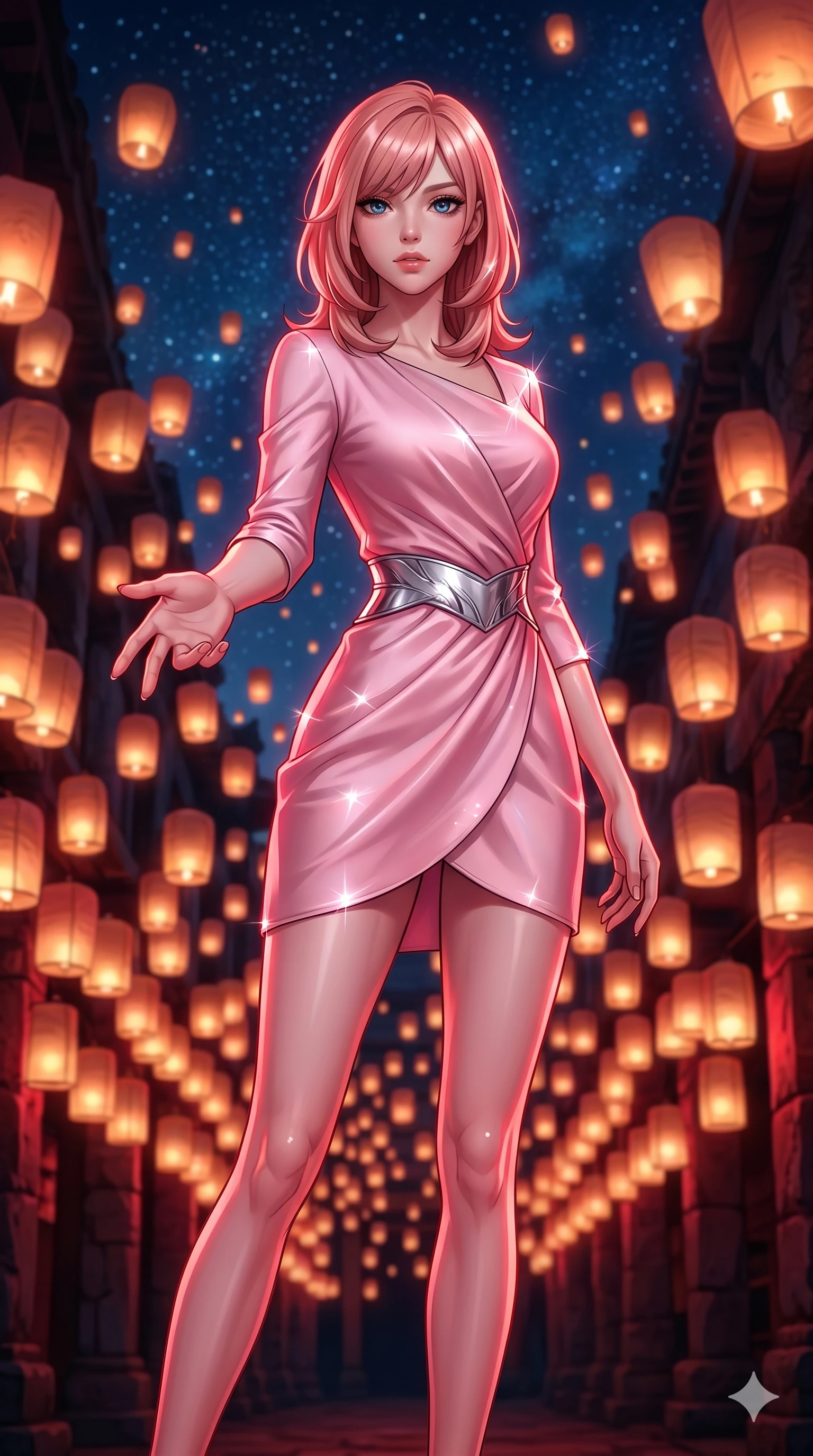 score_9, masterpiece, best quality, ultra-detailed, high-budget anime keyframe, editorial fashion photography, tasteful artistic composition, Japanese woman. cowboy shot from the thighs up, character and outfit filling the frame for maximum editorial presence. Reaching one hand toward the viewer with relaxed elegance within a sanctuary where hundreds of glowing paper lanterns float up towards a starry sky. She has an absolutely perfect 8-heads proportion, an exceptionally tall and slender female figure with impossibly long slender legs and an ultra-slim waist. V-shaped jawline, high-bridge nose, intricate jewel-like eyes with depth, thick eyelashes, glossy lips with a natural sheen. wearing a modernized wrapping dress in pastel pink silk with an asymmetric collar line, three-quarter sleeves, and a silver metallic belt cinching the waist. drenched in deep crimson theatrical lighting with sharp specular highlights on every curve. 2k, ultra detail, master piece, 9:16 ratio