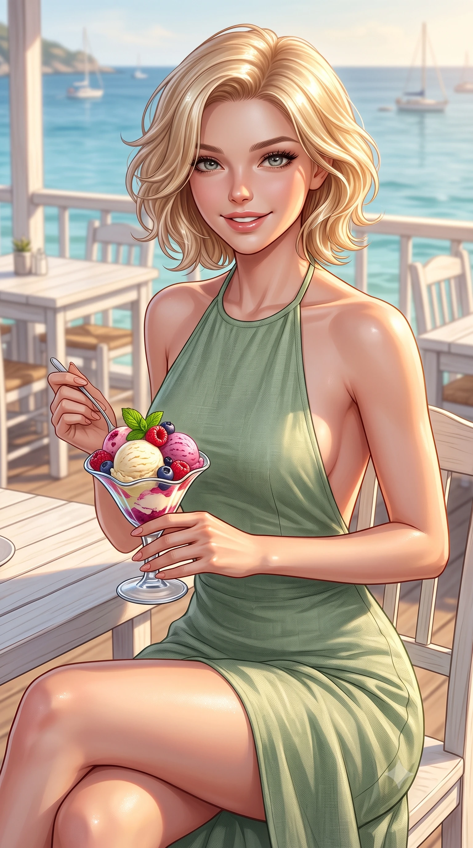 score_9, masterpiece, best quality, ultra-detailed, high-budget anime keyframe, editorial fashion photography, tasteful artistic composition, Caucasian woman. close-up cowboy shot from the waist and thighs up, the character dominates the composition, filling the frame with her large presence, background elements kept in soft focus. smiling warmly with a soft, affectionate expression, making cute eye contact set against a soft-focus background of at a seaside cafe deck with white wooden tables and views of the blue water holding a colorful ice cream coupe with fresh berries and mint. She has an exceptionally elegant, slender, and willowy female figure with an ultra-slim waist, a gracefully sculpted slender torso, and a refined silhouette. sharp v-shaped jawline, high-bridge nose, intricate jewel-like eyes with depth, thick eyelashes, glossy lips with a natural sheen. wearing tailored backless linen halter dress in sage green, showing her elegant shoulder lines. warm golden lighting creating a cozy, relaxing weekend mood. ultra-reflective glossy finish, specular highlights, metallic sheen, high-contrast stereoscopic depth, volumetric dynamic lighting, 2k, ultra detail, master piece, 9:16 ratio