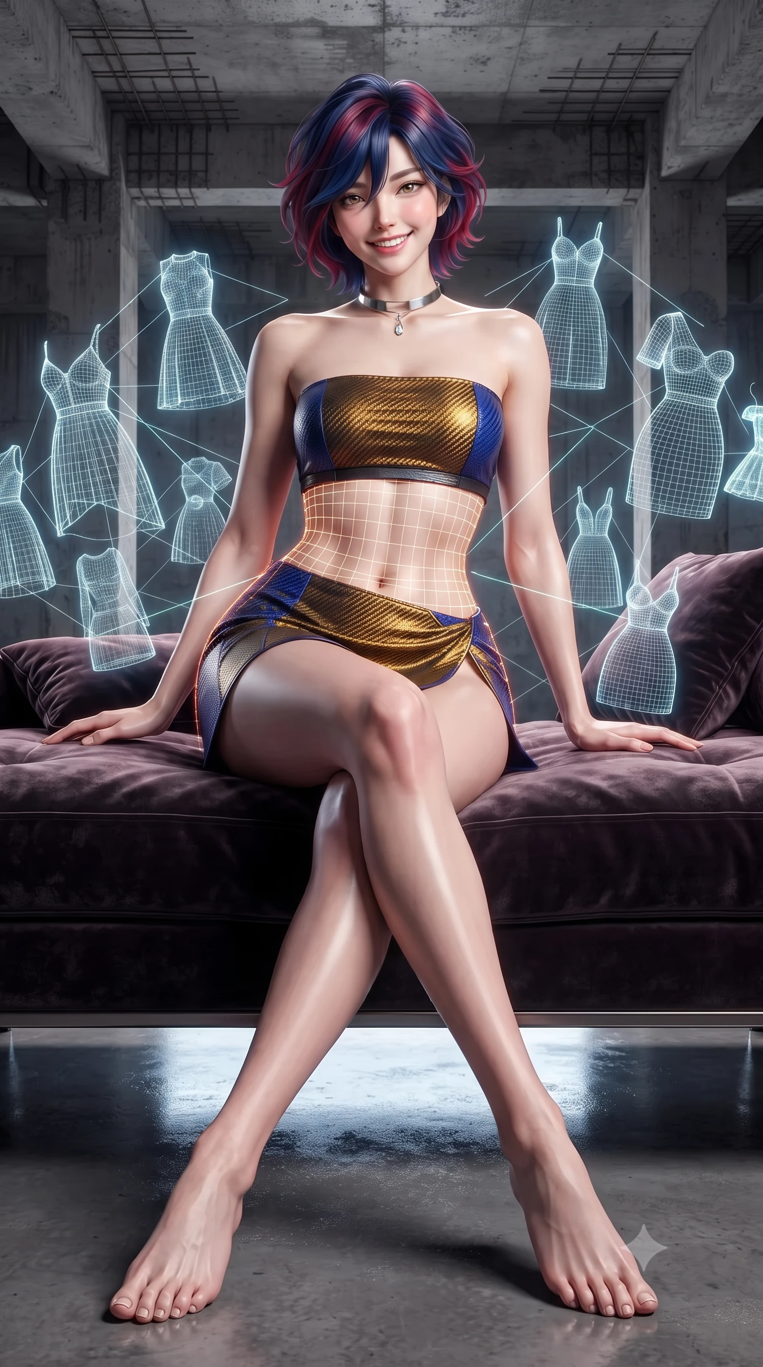 score_9, masterpiece, best quality, ultra-detailed, high-budget anime keyframe, editorial fashion photography, tasteful artistic composition, Korean woman. low angle full-body shot from head to toe showing her feet, filling the entire 9:16 vertical frame with her statuesque presence, stretching her vertical silhouette. lounging on the lavish daybed with legs crossed and hips angled toward the camera, displaying her toned midriff and long slender limbs with effortless siren poise while twisting her slender torso in an alluring S-curve as holographic wireframe dresses float around her, laser grids tracing her flat midriff and hips. The surrounding environment is rendered in vivid detail and crisp panoramic clarity: detailed garment construction, tactile fabric weave, and contemporary brutalist industrial space in high resolution. She has an exceptionally tall and slender model-like 8.5-heads proportion, an ultra-slim waist, a flat toned midriff, narrow delicate ribcage, and beautifully sculpted feminine hips creating a graceful, slim hourglass silhouette without any bulky heaviness, with impossibly long slender legs. sharp v-shaped jawline, high-bridge nose, intricate jewel-like sparkling eyes with depth, thick eyelashes, glossy parted lips with a natural peach sheen, bright cheerful beaming smile with an enchanting and coquettish sensual glint, exuding both youthful cute charm and seductive allure, flawlessly proportioned anatomical accuracy, strict slender model proportions, natural body alignment, perfectly sculpted long slender limbs, ultra-slim waistline, clean dynamic posture without body distortion. wearing an ultra-cropped tech-wear bandeau top paired with a micro mini skirt revealing her flat toned midriff in Jovian amber and electric storm cobalt, woven from structured carbon-fiber jacquard with rich textural depth, finished with a minimalist chrome choker and a single teardrop diamond pendant, the high-slit wrap tailoring accentuating her ultra-slim waistline and the enchanting curve of her feminine hips with alluring seductive charm. illuminated by epoxy floor reflection bounce and sharp platinum rim lights sculpting her jawline, narrow waist, and curvy hips. ultra-reflective glossy finish, specular highlights, rich textural contrasts, high-contrast stereoscopic depth, volumetric dynamic lighting, 2k, ultra detail, master piece, 9:16 ratio