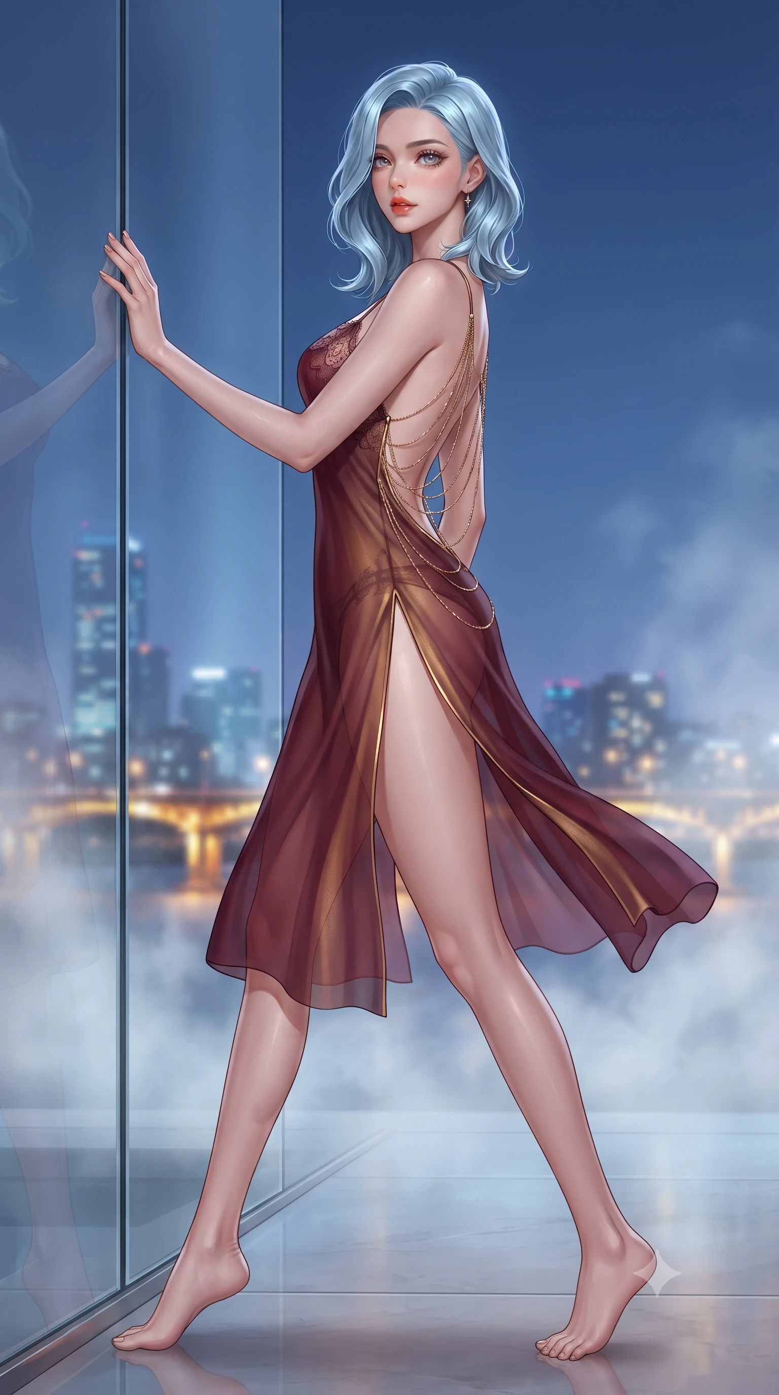 score_9, masterpiece, best quality, ultra-detailed, high-budget anime keyframe, editorial fashion photography, tasteful artistic composition, Korean woman. low angle full-body shot from head to toe showing her feet, filling the entire 9:16 vertical frame with her statuesque presence, stretching her vertical silhouette. stepping forward in a confident stride, her long slender legs and curvaceous hips creating a dynamic, sweeping vertical line while leaning against the sleek frameless glass with hips cocked back, casting an alluring bedroom-gaze over the pulsing Seoul metropolis. The background shows a soft-focus rising thermal bath vapor softened in futuristic Cheongdam luxury shallow focus. She has an exceptionally tall and slender model-like 8.5-heads proportion, an ultra-slim waist, a flat toned midriff, narrow delicate ribcage, and beautifully sculpted feminine hips creating a graceful, slim hourglass silhouette without any bulky heaviness, with impossibly long slender legs. sharp v-shaped jawline, high-bridge nose, intricate jewel-like sparkling eyes with depth, thick eyelashes, glossy parted lips with a natural peach sheen, bright cheerful beaming smile with an enchanting and coquettish sensual glint, exuding both youthful cute charm and seductive allure, flawlessly proportioned anatomical accuracy, strict slender model proportions, natural body alignment, perfectly sculpted long slender limbs, ultra-slim waistline, clean dynamic posture without body distortion. wearing an alluring sheer silk chiffon slip with delicate eyelash lace cups and high side leg slits in French boudoir bordeaux wine and gilded bronze, crafted from translucent silk organza with an ethereal crystalline sheen, accented with an open-back drape framed by falling strands of delicate gold chains, the precision-cut side openings and low-back scoop framing her graceful spine and the sensual sweep of her slim, toned hips. bathed in the dynamic blue-hour and midnight city ambient contrasted with warm golden bridge floodlights. ultra-reflective glossy finish, specular highlights, rich textural contrasts, high-contrast stereoscopic depth, volumetric dynamic lighting, 2k, ultra detail, master piece, 9:16 ratio