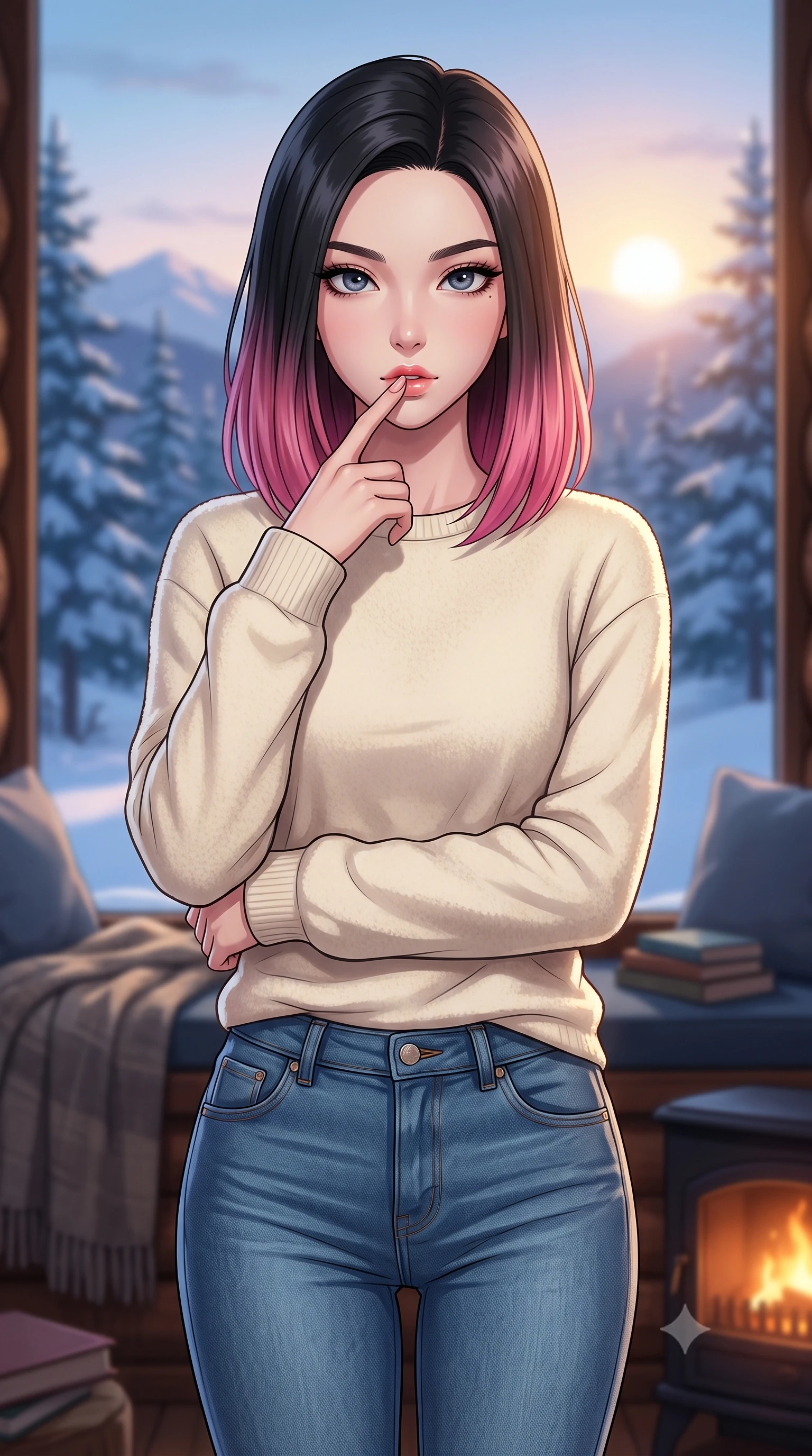 score_9, masterpiece, best quality, ultra-detailed, high-budget anime keyframe, tasteful artistic composition, Korean woman. close-up cowboy shot from the waist and thighs up, the character dominates the composition, filling the frame with her large presence, background elements kept in soft focus. pressing one finger to her bottom lip in a thoughtful, seductive gesture under the warm sun the background shows a soft-focus a cozy window seat of a luxury log cabin overlooking snowy pine woods at dusk. She has an exceptionally elegant, slender, and willowy female figure with an ultra-slim waist, a gracefully sculpted slender torso, and a refined silhouette. sharp v-shaped jawline, high-bridge nose, intricate jewel-like eyes with depth, thick eyelashes, glossy lips with a natural sheen. wearing a tailored comfortable cream fleece sweater over blue denim jeans. warm fireplace light contrasting with the cool blue snow-reflected daylight. highly saturated vibrant anime colors, cel-shading, 2d style, master piece, 9:16 ratio
