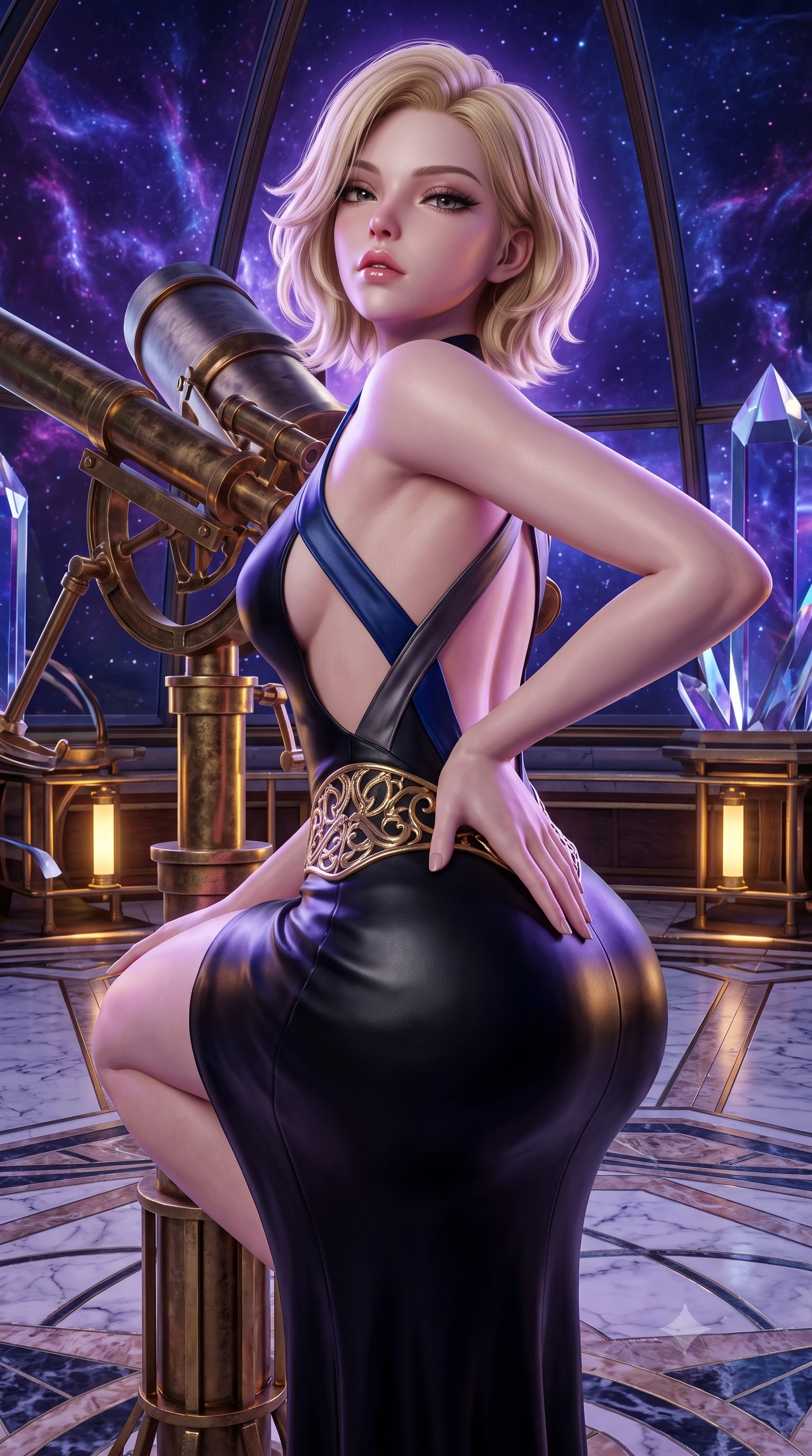 score_9, masterpiece, best quality, ultra-detailed, high-budget anime keyframe, semi-realistic 3D game render, editorial fashion photography, tasteful artistic composition, Caucasian woman. close-up cowboy shot from the waist and thighs up, the character dominates the composition, filling the frame with her large presence. tilting her chin up with proud, sovereign allure while gazing through thick eyelashes, one hand resting on her waist in pure supermodel charisma while crouching gracefully beside the brass telescope mount, looking back with parted glossy lips as galactic starlight washes over her curves. The surrounding environment is rendered in vivid detail and crisp panoramic clarity. detailed deep-space nebula filaments, crystal prism reflections, and marble floor inlay in high clarity. She has an exceptionally elegant, slender, and willowy female figure with an ultra-slim waist, a gracefully sculpted slender torso, toned flat midriff, and rounded feminine hips creating an alluring hourglass silhouette. sharp v-shaped jawline, high-bridge nose, intricate jewel-like eyes with depth, thick eyelashes, glossy parted lips with a natural sheen, intensely captivating and seductive bedroom-eyes expression, flawlessly proportioned anatomical accuracy, strict slender model proportions, natural body alignment, perfectly sculpted long slender limbs, ultra-slim waistline, clean dynamic posture without body distortion. wearing a sleek obsidian column dress with gold filigree hip cincher and plunging backline in deep sapphire blue and brushed dark platinum, crafted from second-skin supple lambskin leather with specular sheen, finished with criss-cross back straps highlighting her graceful bare spine, the form-contouring material adhering flawlessly to her sculpted flat midriff and slender torso, emphasizing her long leg lines and perfectly proportioned willowy build. bathed in cool violet nebula glow from above and warm golden brass indicator uplights. highly saturated vibrant anime colors, detailed shading with soft gradients, rich glossy textures, high-contrast stereoscopic depth, volumetric dynamic lighting, master piece, 9:16 ratio