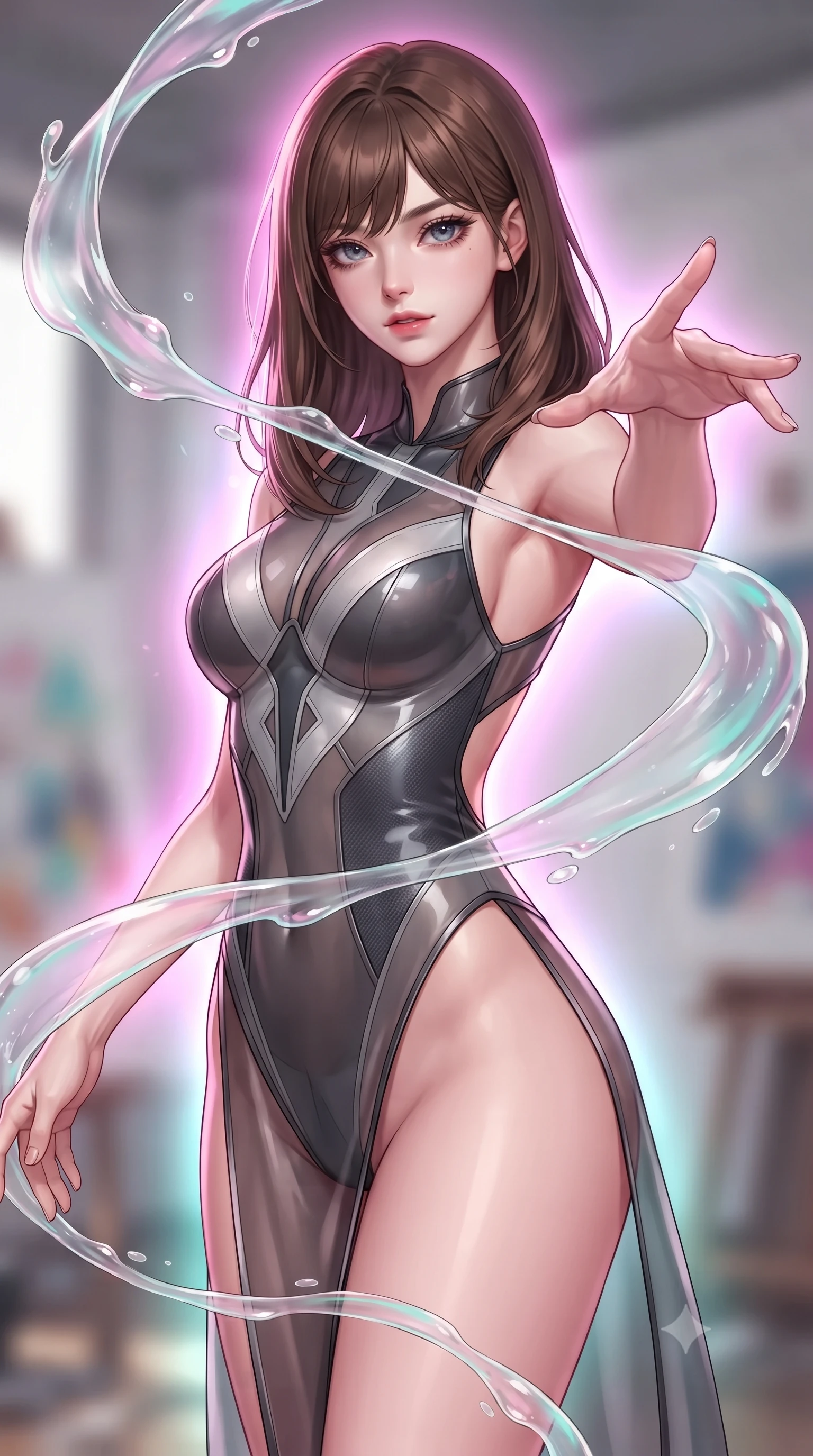 score_9, masterpiece, best quality, ultra-detailed, high-budget anime keyframe, editorial fashion photography, tasteful artistic composition, Korean woman. close-up cowboy shot from the waist and thighs up, the character dominates the composition, filling the frame with her large presence, background elements kept in soft focus. Reaching one hand gracefully toward the viewer with effortless superiority and allure guiding viscous opal paint ribbons hovering gracefully in mid-air, translucent liquid acrylic trails creating dynamic motion paths. She has an exceptionally elegant, slender, and willowy female figure with an ultra-slim waist, a gracefully sculpted slender torso, and a refined silhouette. sharp v-shaped jawline, high-bridge nose, intricate jewel-like eyes with depth, thick eyelashes, glossy lips with a natural sheen. wearing a high-cut translucent vinyl leotard with front paneling and open back in charcoal grey and platinum, made of fine carbon-fiber weave and soft matte leather, finished with a sleek side slit ascending to mid-thigh, the sleek second-skin texture accentuating her magnetic presence. surrounded by a radiant glow of magenta and aqua fluid highlights. highly saturated vibrant anime colors, detailed shading with soft gradients, rich glossy textures, high-contrast stereoscopic depth, volumetric dynamic lighting, master piece, 9:16 ratio