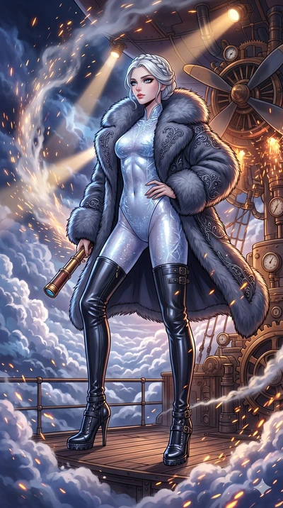score_9, masterpiece, best quality, ultra-detailed, high-budget anime movie keyframe, cinematic anime lighting, intricate line art, Japanese woman. Low angle cowboy shot filling the entire 9:16 frame with her statuesque presence. navigating a sea of 