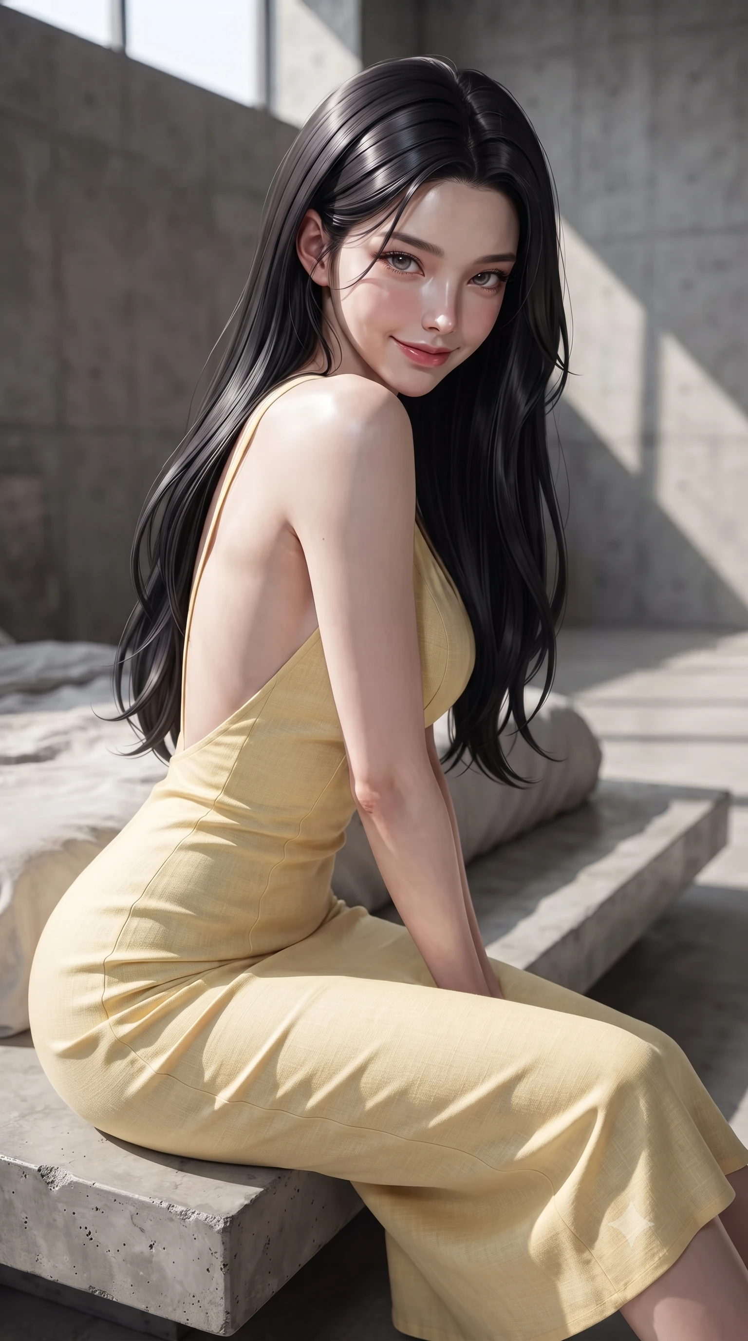 score_9, masterpiece, best quality, ultra-detailed, high-budget anime keyframe, editorial fashion photography, tasteful artistic composition, Korean woman woman. close-up cowboy shot from the waist and thighs up, the character dominates the composition, filling the frame with her large presence, background elements kept in soft focus. leaning slightly forward with a playful, teasing smile, her gaze locked onto the viewer the background shows a soft-focus a spacious minimalist bedroom with raw concrete walls and a low platform bed. She has an exceptionally elegant, slender, and willowy female figure with an ultra-slim waist, a gracefully sculpted slender torso, and a refined silhouette. sharp v-shaped jawline, high-bridge nose, intricate jewel-like eyes with depth, thick eyelashes, glossy lips with a natural sheen. wearing a body-hugging backless summer sundress in pale yellow linen, showing her elegant shoulder blades. stark afternoon sunbeams slicing through a high window, creating Chiaroscuro shadows. ultra-reflective glossy finish, specular highlights, metallic sheen, high-contrast stereoscopic depth, volumetric dynamic lighting, 2k, ultra detail, master piece, 9:16 ratio