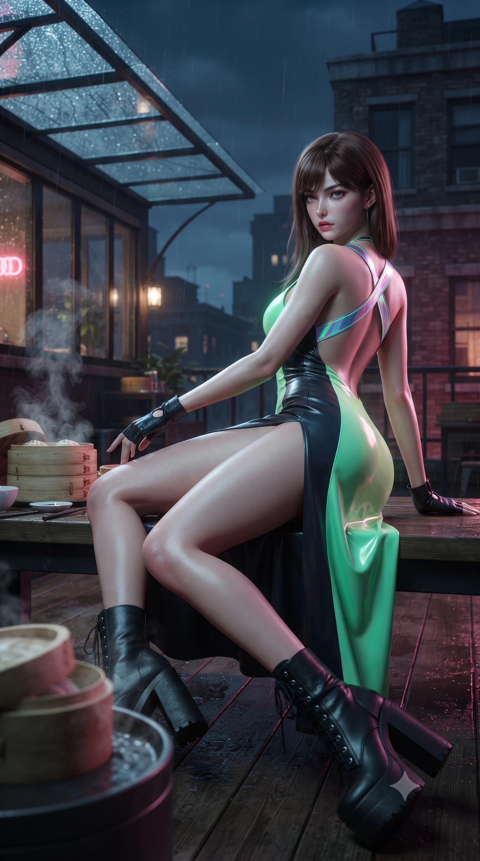 score_9, masterpiece, best quality, ultra-detailed, high-budget anime keyframe, editorial fashion photography, tasteful artistic composition, Korean woman. low angle full-body shot from head to toe showing her feet, filling the entire 9:16 vertical frame with her statuesque presence, stretching her vertical silhouette. reclining on her side in an elegant Cleopatra pose with one knee drawn up, the dramatic contour of her rounded hips and long slender legs commanding the 9:16 vertical frame while striding across the neon-drenched rooftop deck as steam curls from dim sum bamboo steamers, her high-slit dress fluttering to reveal her long slender legs. The composition keeps background elements in soft focus with creamy bokeh. rain-streaked glass awnings and weathered brick penthouse facades softened in moody cinematic focus. She has an absolutely perfect, statuesque 8.5-heads proportion, an exceptionally tall and slender model-like female figure with impossibly long slender legs, a toned flat midriff, an ultra-slim waist, and beautifully sculpted feminine hips. sharp v-shaped jawline, high-bridge nose, intricate jewel-like eyes with depth, thick eyelashes, glossy parted lips with a natural sheen, intensely captivating and seductive bedroom-eyes expression, flawlessly proportioned anatomical accuracy, strict slender model proportions, natural body alignment, perfectly sculpted long slender limbs, ultra-slim waistline, clean dynamic posture without body distortion. wearing a daring open-back neon party dress with crossed holographic straps and bodycon fit in neon mint green and dark obsidian, crafted from supple second-skin lambskin leather with liquid drape, accessorized with bold platform boots and fingerless leather gloves, the form-contouring material adhering flawlessly to her sculpted flat midriff and slender torso, emphasizing her long leg lines and perfectly proportioned willowy build. illuminated by wet specular asphalt bounce lights sharply sculpting her narrow waist and rounded hips. ultra-reflective glossy finish, specular highlights, rich textural contrasts, high-contrast stereoscopic depth, volumetric dynamic lighting, 2k, ultra detail, master piece, 9:16 ratio