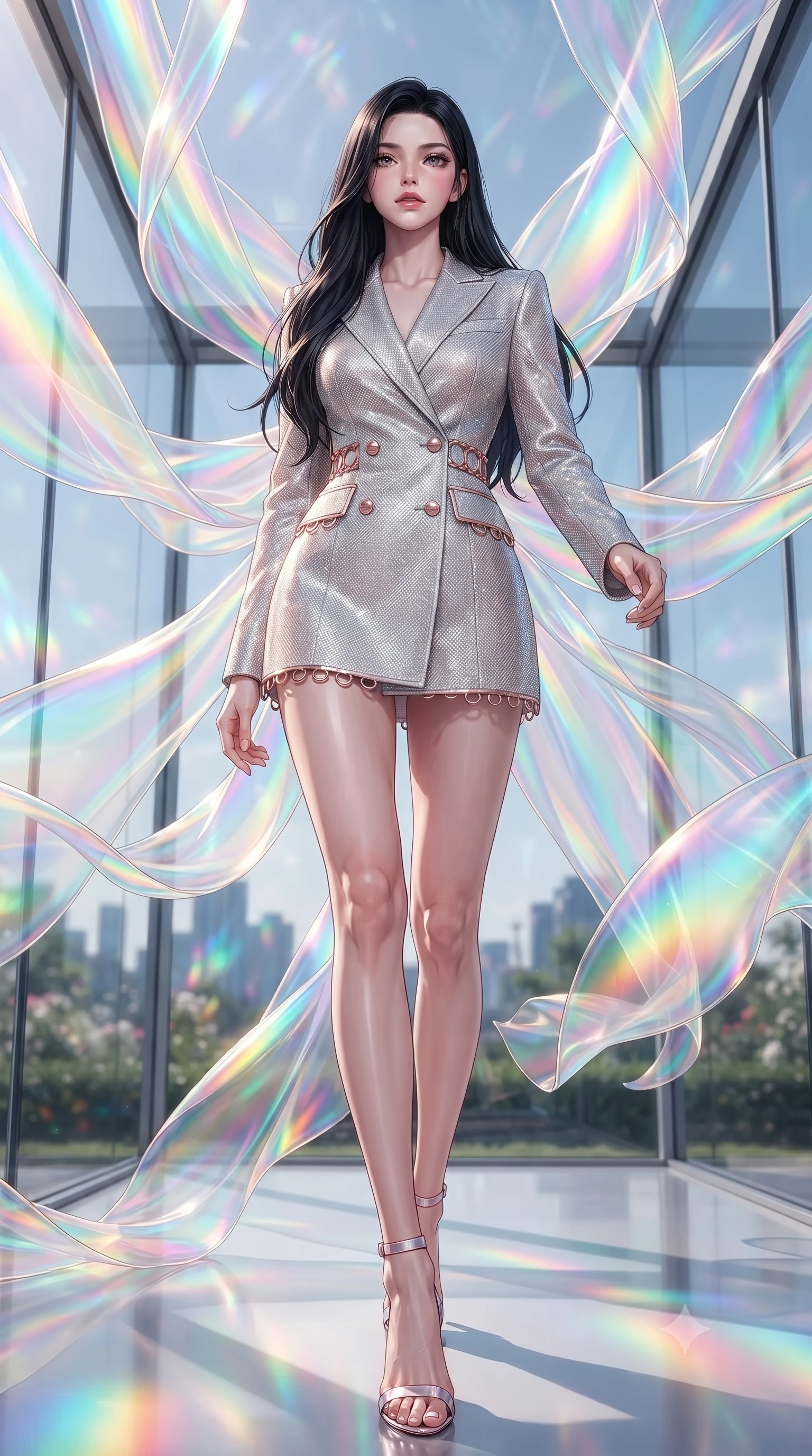 score_9, masterpiece, best quality, ultra-detailed, high-budget anime keyframe, editorial fashion photography, tasteful artistic composition, Korean woman. low angle full-body shot from head to toe showing her feet, filling the entire 9:16 vertical frame with her statuesque presence, stretching her vertical silhouette. stepping gracefully through the radiant environment, stretching her statuesque silhouette, standing inside a glass pavilion draped in floating ribbons of iridescent holographic organza, translucent organza fabric catching light and shifting from opal to turquoise and magenta. She has an absolutely perfect, statuesque 8.5-heads proportion, an exceptionally tall and slender model-like female figure with impossibly long slender legs and an ultra-slim waist. sharp v-shaped jawline, high-bridge nose, intricate jewel-like eyes with depth, thick eyelashes, glossy lips with a natural sheen. wearing tailored double-breasted opal white blazer dress in radiant platinum, made of fine silver contouring mesh, trimmed with rose-gold ring hardware along the waist contours, contouring every curve with an exceptionally elegant silhouette. illuminated by brilliant multi-color rainbow light refracting through holographic organza. highly saturated vibrant anime colors, detailed shading with soft gradients, rich glossy textures, high-contrast stereoscopic depth, volumetric dynamic lighting, master piece, 9:16 ratio