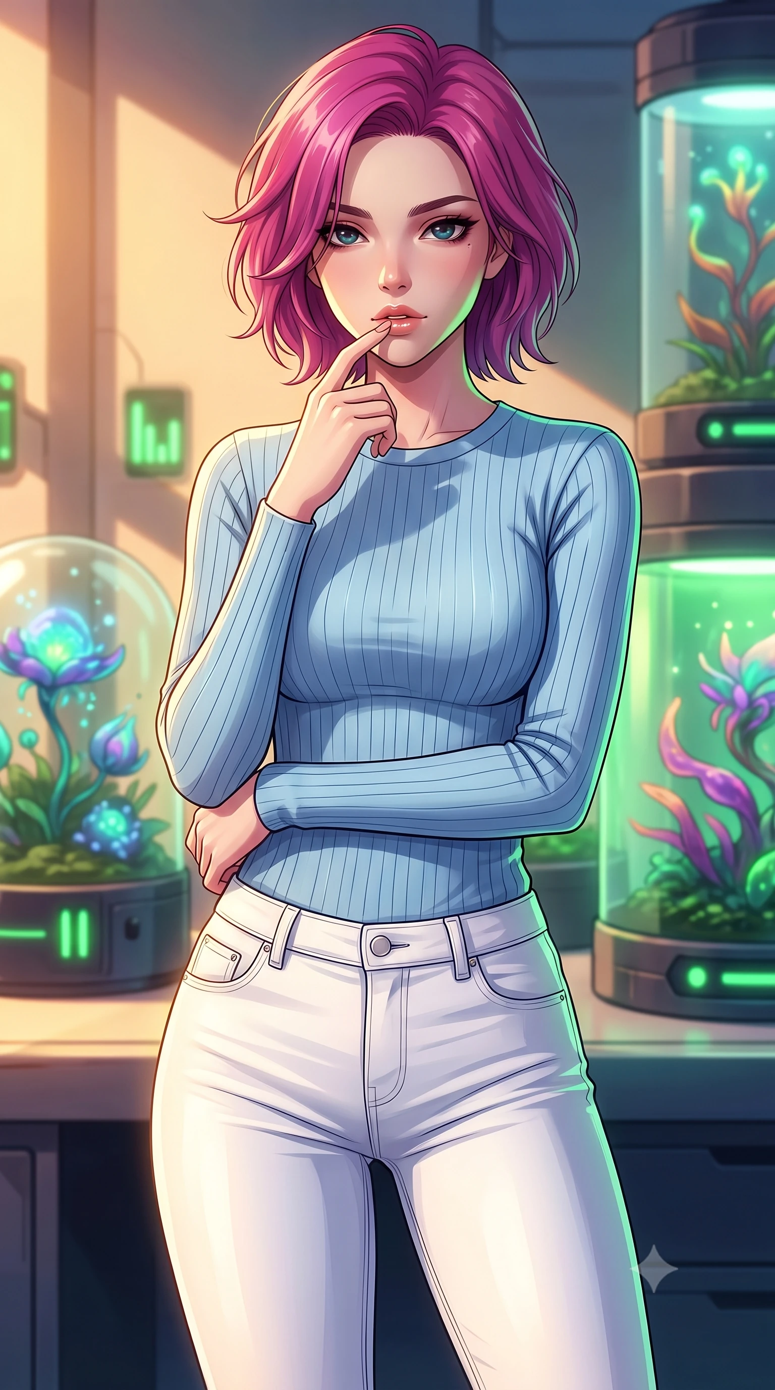 score_9, masterpiece, best quality, ultra-detailed, high-budget anime keyframe, tasteful artistic composition, Caucasian woman. close-up cowboy shot from the waist and thighs up, the character dominates the composition, filling the frame with her large presence, background elements kept in soft focus. pressing one finger to her bottom lip in a thoughtful, seductive gesture under the warm sun the background shows a soft-focus a futuristic plant laboratory with glass terrariums and pulsing green indicators. She has an exceptionally elegant, slender, and willowy female figure with an ultra-slim waist, a gracefully sculpted slender torso, and a refined silhouette. sharp v-shaped jawline, high-bridge nose, intricate jewel-like eyes with depth, thick eyelashes, glossy lips with a natural sheen. wearing a form-contouring body-hugging light blue ribbed long-sleeve top paired with tight white denim pants. soft green glow radiating from the terrariums onto her sharp jawline. highly saturated vibrant anime colors, cel-shading, 2d style, master piece, 9:16 ratio