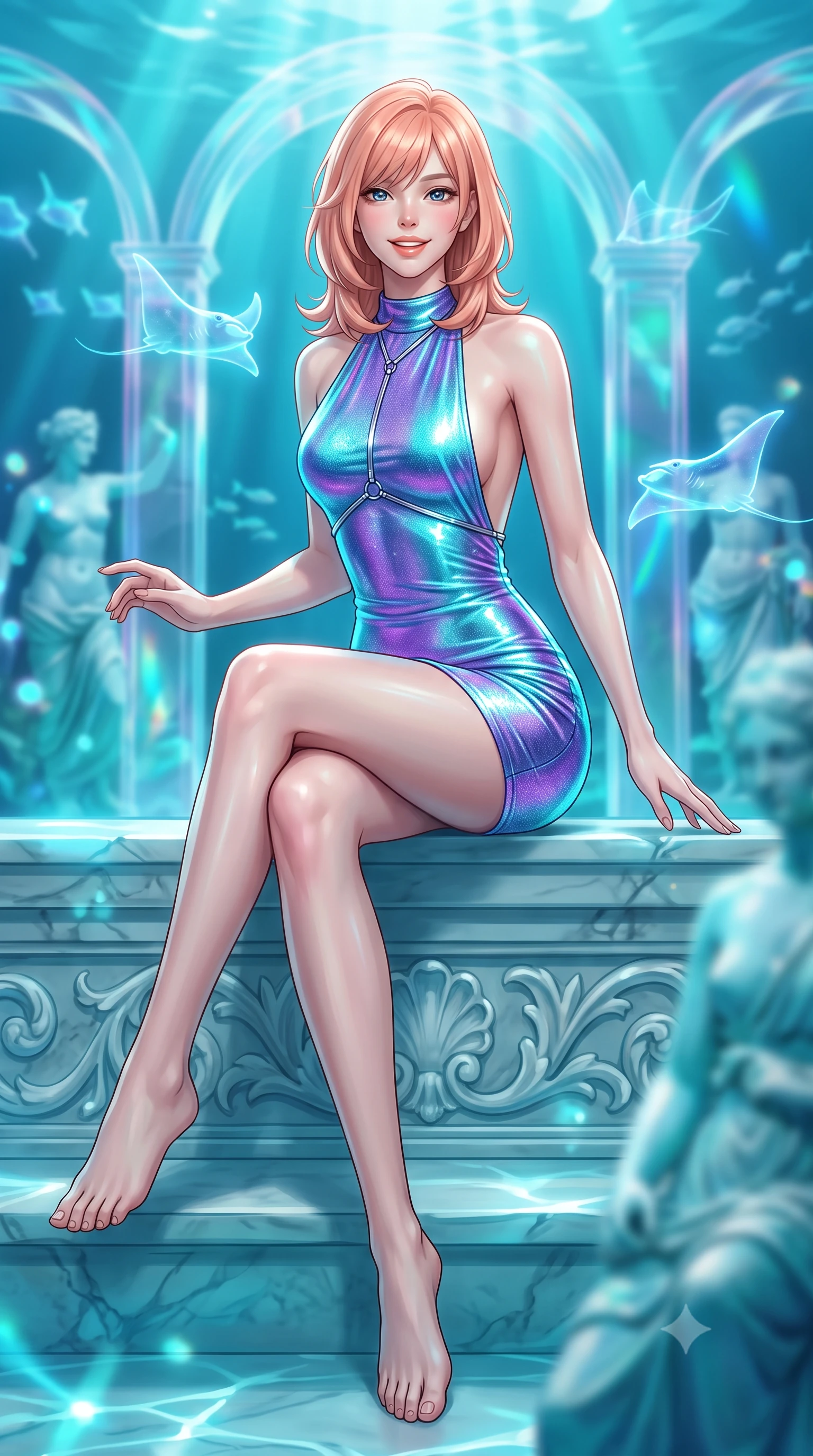 score_9, masterpiece, best quality, ultra-detailed, high-budget anime keyframe, editorial fashion photography, tasteful artistic composition, Japanese woman. low angle full-body shot from head to toe showing her feet, filling the entire 9:16 vertical frame with her statuesque presence, stretching her vertical silhouette. stepping slowly toward the camera with hypnotic grace, hips swaying in an alluring sensual rhythm that accentuates her curvy hourglass silhouette and long slender legs while sitting gracefully on the carved marble tier with legs crossed, flashing an enchanting smile with parted glossy lips. The background shows a soft-focus drifting schools of glowing cyber-manta rays, translucent holographic architectural arches, and sunken classical statues blurred into aqua, cyan, and pearl bokeh. She has an exceptionally tall and slender model-like 8.5-heads proportion, an ultra-slim waist, a flat toned midriff, narrow delicate ribcage, and beautifully sculpted feminine hips creating a graceful, slim hourglass silhouette without any bulky heaviness, with impossibly long slender legs. sharp v-shaped jawline, high-bridge nose, intricate jewel-like sparkling eyes with depth, thick eyelashes, glossy parted lips with a natural peach sheen, bright cheerful beaming smile with an enchanting and coquettish sensual glint, exuding both youthful cute charm and seductive allure, flawlessly proportioned anatomical accuracy, strict slender model proportions, natural body alignment, perfectly sculpted long slender limbs, ultra-slim waistline, clean dynamic posture without body distortion. wearing an alluring backless metallic lamé halterneck mini dress with deep scoop back down to her lower spine in Cheonggyecheon neon aqua and ultraviolet amethyst, woven from stretch metallic lurex jersey casting radiant starlight glints across her curves, accented with a chrome-drop body harness subtly framing her dewy collarbones and spine, the second-skin tailored fabric adhering flawlessly to her sculpted flat midriff and slender torso, emphasizing her long leg lines and perfectly proportioned willowy build. bathed in brilliant underwater cyan caustic ribbons and pulsing hard-light holographic projections. ultra-reflective glossy finish, specular highlights, rich textural contrasts, high-contrast stereoscopic depth, volumetric dynamic lighting, 2k, ultra detail, master piece, 9:16 ratio