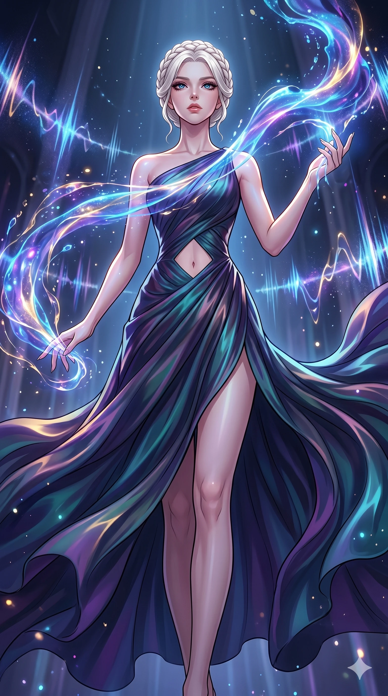 score_9, masterpiece, best quality, ultra-detailed, High-budget Anime Keyframe, vibrant colors, fluid line-art, expressive lighting, cinematic composition, Ufotable-style visual effects, top-tier animation quality, Korean woman with idol-like refined features. Low angle cowboy shot filling the entire 9:16 frame with her statuesque presence, looking up to emphasize her height. Orchestrating a symphony of liquid light that flows from her fingertips like ink in water. She has an absolutely perfect 8-heads proportion, an exceptionally tall and slender female figure with impossibly long slender legs and an ultra-slim waist, her statuesque height and towering silhouette dominating the vertical 9:16 frame. Her face is a masterpiece featuring a sharp v-shaped jawline, high-bridge nose, intricate jewel-like eyes with depth, thick eyelashes, and glossy lips with a natural sheen. She is wearing a Flowing silk gown that ripples like liquid, featuring a small diamond-shaped cutout at the navel. The scene is set in a chamber of echoes where every sound creates beautiful liquid patterns in the air. 2k, ultra detail, master piece, 9:16 ratio