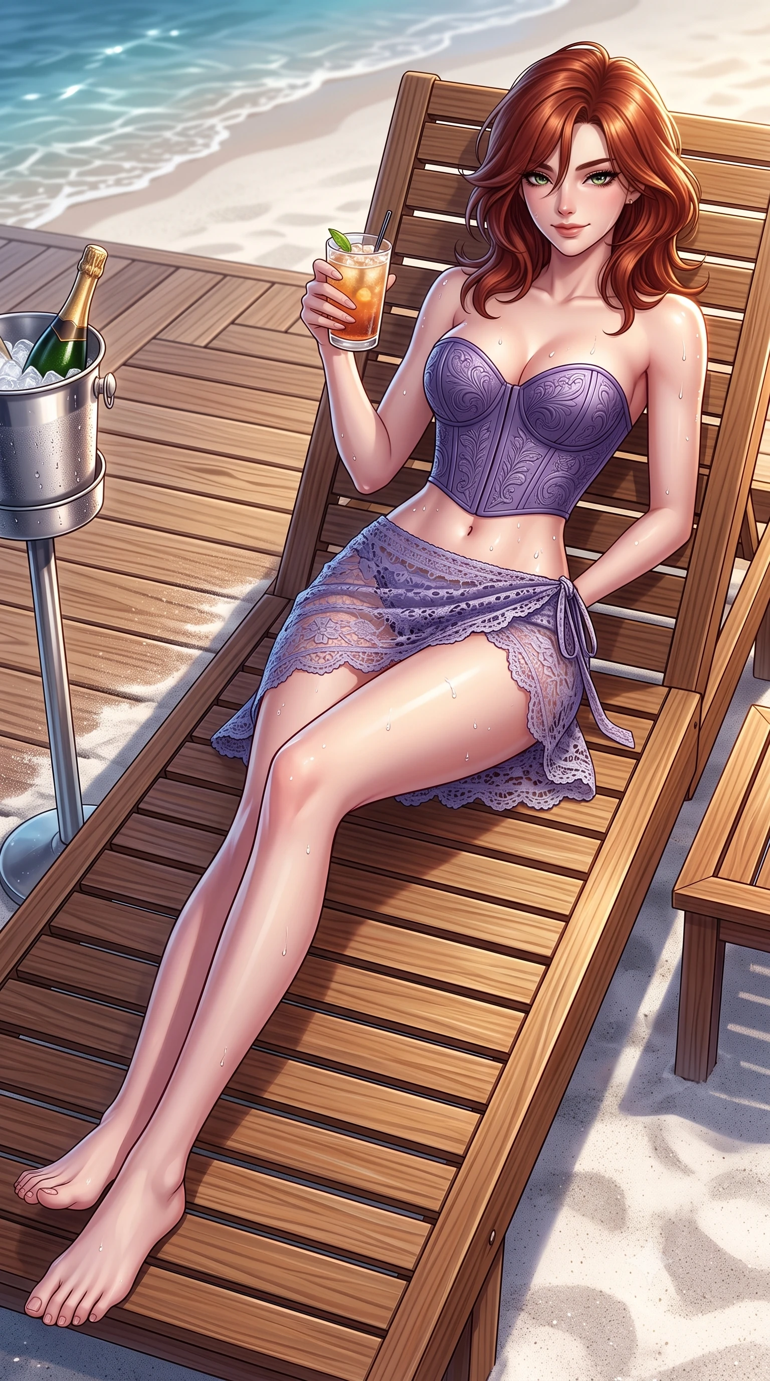 score_9, masterpiece, best quality, ultra-detailed, high-budget anime keyframe, semi-realistic 3D game render, editorial fashion photography, tasteful artistic composition, Korean woman. low angle full-body shot from head to toe showing her feet, filling the entire 9:16 vertical frame with her statuesque presence, stretching her vertical silhouette. reclining gracefully across the plush chaise lounge with one leg extended, her sculpted silhouette and flat midriff radiating magnetic nocturnal glamour while perched sideways on the daybed propped on one elbow, holding an iced cocktail with an intoxicating, smoldering bedroom-smile. The surrounding environment is rendered in vivid detail and crisp panoramic clarity: sharp teak boardwalk grain, fine white sand granules, and champagne bucket condensation droplets in deep focus. She has an absolutely perfect, statuesque 8.5-heads proportion, an exceptionally tall and slender model-like female figure with impossibly long slender legs, an ultra-slim waist, a flat toned midriff, narrow delicate ribcage, and beautifully sculpted feminine hips creating a graceful, slim hourglass silhouette without any bulky heaviness. sharp v-shaped jawline, high-bridge nose, sparkling eyes with hypnotic seductive depth, thick curled eyelashes, glossy parted lips with a natural dewy peach sheen, alluring bedroom-eyes with an enchanting coquettish smile, exuding magnetic siren charisma and sophisticated glamour, flawlessly proportioned anatomical accuracy, strict slender model proportions, natural body alignment, perfectly sculpted long slender limbs, ultra-slim waistline, clean dynamic posture without body distortion. wearing a structured boned leatherette corset bodice with western floral tooling paired with a micro-wrap denim skirt in iridescent mother-of-pearl and dusk lavender, made of delicate semi-sheer crochet lace with intricate openwork floral knit, finished with glistening drops of seawater beading across her sculpted shoulders and flat midriff, the form-contouring silhouette accentuating her sculpted flat midriff, narrow delicate ribcage, and gracefully curvy hips with intoxicating allure. illuminated by sea water reflection fill and sharp platinum-gold rim lights sculpting her razor-sharp jawline, narrow waist, and curvy hips. highly saturated vibrant anime colors, detailed shading with soft gradients, rich glossy textures, high-contrast stereoscopic depth, volumetric dynamic lighting, master piece, 9:16 ratio