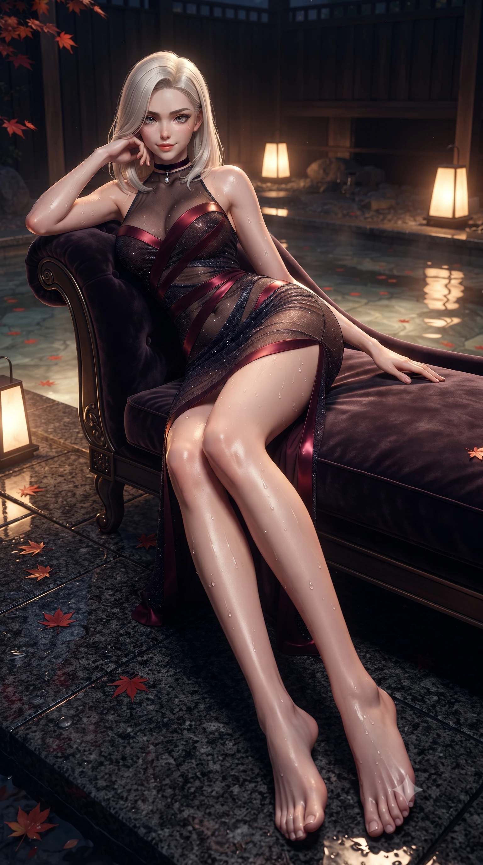 score_9, masterpiece, best quality, ultra-detailed, high-budget anime keyframe, editorial fashion photography, tasteful artistic composition, Caucasian woman. low angle full-body shot from head to toe showing her feet, filling the entire 9:16 vertical frame with her statuesque presence, stretching her vertical silhouette. reclining gracefully across the plush chaise lounge with one leg extended, her sculpted silhouette and flat midriff radiating magnetic nocturnal glamour while lounging gracefully in the shallow hot spring propped on one elbow, her statuesque 8.5-heads silhouette radiating intimate Kyoto allure. The surrounding environment is rendered in vivid detail and crisp panoramic clarity: sharp flamed black granite stone texture, delicate red maple leaf veins, and water meniscus on dewy skin in deep focus. She has an absolutely perfect, statuesque 8.5-heads proportion, an exceptionally tall and slender model-like female figure with impossibly long slender legs, an ultra-slim waist, a flat toned midriff, narrow delicate ribcage, and beautifully sculpted feminine hips creating a graceful, slim hourglass silhouette without any bulky heaviness. sharp v-shaped jawline, high-bridge nose, sparkling eyes with hypnotic seductive depth, thick curled eyelashes, glossy parted lips with a natural dewy peach sheen, alluring bedroom-eyes with an enchanting coquettish smile, exuding magnetic siren charisma and sophisticated glamour, flawlessly proportioned anatomical accuracy, strict slender model proportions, natural body alignment, perfectly sculpted long slender limbs, ultra-slim waistline, clean dynamic posture without body distortion. wearing a provocative high-neck sheer illusion cocktail dress with liquid satin ribbons contouring her curves in Gion dark cherry and midnight obsidian, woven from stretch metallic lurex jersey casting radiant starlight glints across her silhouette, finished with a thin velvet ribbon choker and a single teardrop diamond pendant, the glove-like clinging cut tightly following the natural contour of her hips and long slender legs with youthful 8.5-heads elegance. bathed in warm underwater thermal tub illumination paired with amber courtyard lantern glow. ultra-reflective glossy finish, specular highlights, rich textural contrasts, high-contrast stereoscopic depth, volumetric dynamic lighting, 2k, ultra detail, master piece, 9:16 ratio
