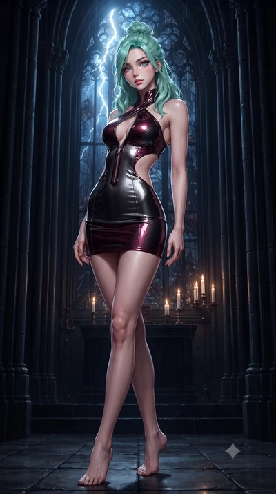 score_9, masterpiece, best quality, ultra-detailed, high-budget anime keyframe, editorial fashion photography, tasteful artistic composition, Japanese woman. low angle full-body shot from head to toe showing her feet, filling the entire 9:16 vertical