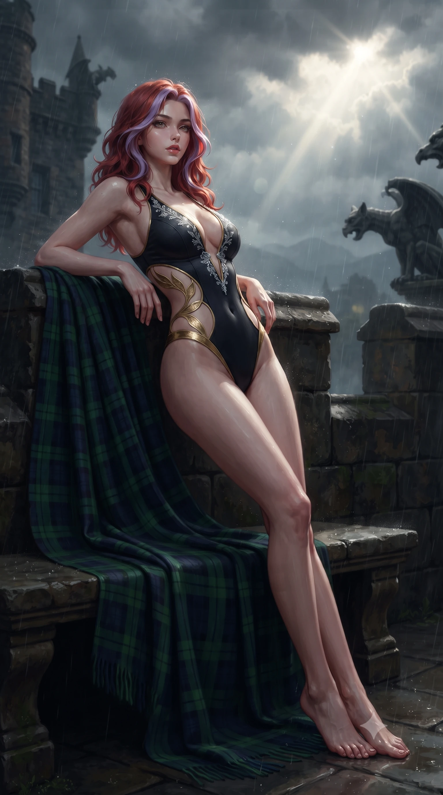 score_9, masterpiece, best quality, ultra-detailed, high-budget anime keyframe, editorial fashion photography, tasteful artistic composition, Caucasian woman. low angle full-body shot from head to toe showing her feet, filling the entire 9:16 vertical frame with her statuesque presence, stretching her vertical silhouette. leaning deep against the structural architecture with hips cocked in an unapologetically bold, seductive high-fashion stance while reclining against a tartan-draped stone bench on the castle parapet, her slender waist and feminine curves highlighted against the moody Scottish panorama. The composition keeps background elements in soft focus with creamy bokeh. weathered castle gargoyles and swirling rain mist softened in cinematic atmospheric shallow focus. She has an exceptionally tall and slender model-like 8.5-heads proportion, an ultra-slim waist, a flat toned midriff, narrow delicate ribcage, and beautifully sculpted feminine hips creating a graceful, slim hourglass silhouette without any bulky heaviness, with impossibly long slender legs. sharp v-shaped jawline, high-bridge nose, intricate jewel-like eyes with depth, thick eyelashes, glossy parted lips with a natural sheen, intensely captivating and seductive bedroom-eyes expression, flawlessly proportioned anatomical accuracy, strict slender model proportions, natural body alignment, perfectly sculpted long slender limbs, ultra-slim waistline, clean dynamic posture without body distortion. wearing a botanical cutout monokini with organic leaf-curve side openings and high-cut hip bands in midnight obsidian black and liquid gold, tailored from water-resistant treated wool gabardine and flexible stretch silk, finished with delicate crystal frost embroidery tracing the plunging neckline, the second-skin form-contouring cut accentuating her sculpted flat midriff, narrow delicate ribcage, and gracefully curvy hips with supermodel precision. bathed in dramatic god-ray sunlight bursting through dark storm clouds onto the turret. ultra-reflective glossy finish, specular highlights, rich textural contrasts, high-contrast stereoscopic depth, volumetric dynamic lighting, 2k, ultra detail, master piece, 9:16 ratio