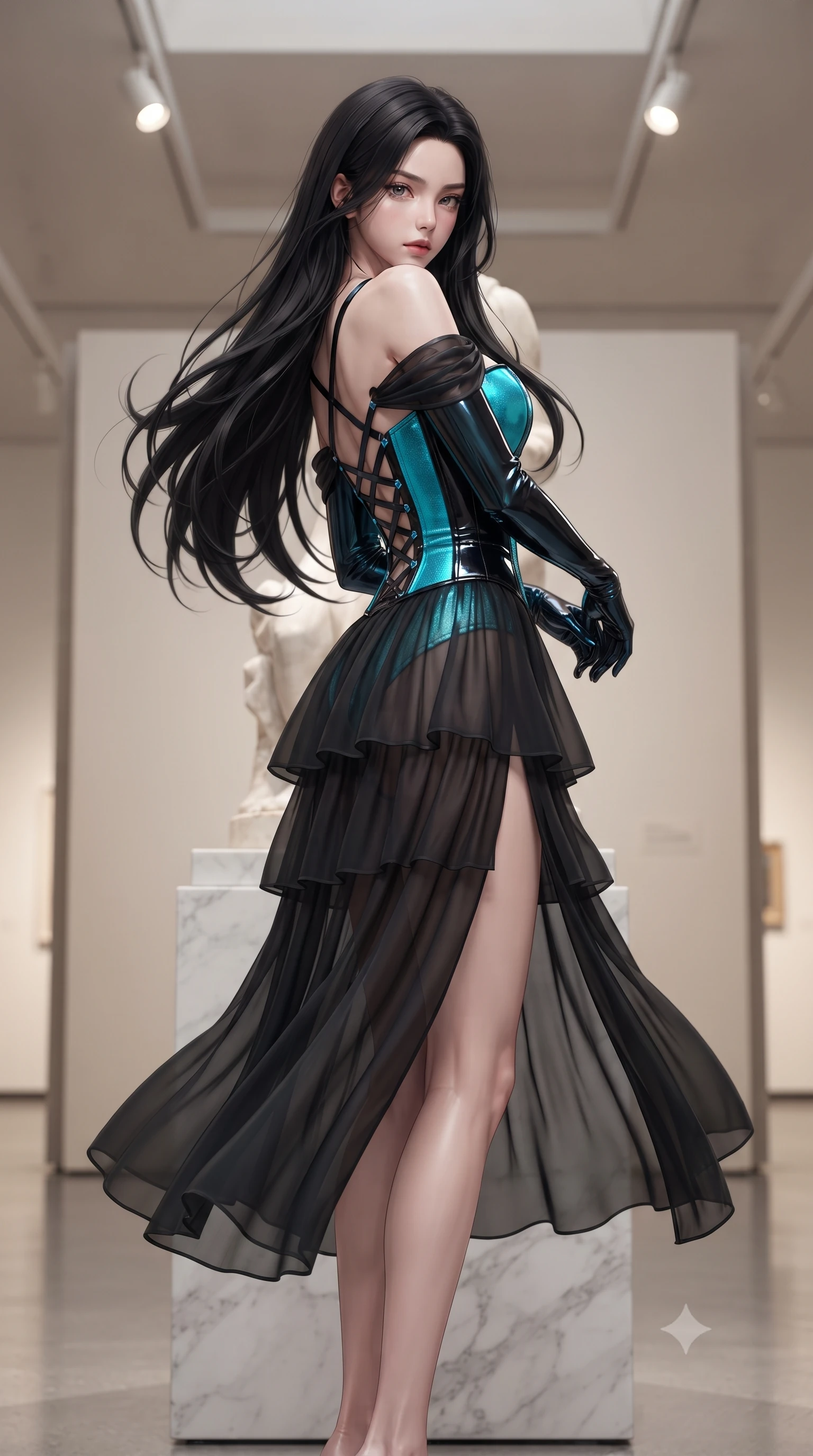 score_9, masterpiece, best quality, ultra-detailed, high-budget anime keyframe, editorial fashion photography, tasteful artistic composition, Korean woman. low angle full-body shot from head to toe showing her feet, filling the entire 9:16 vertical frame with her statuesque presence, stretching her vertical silhouette. executing an elegant mid-motion pivot turn as garments swirl around her slender limbs, glancing over her shoulder with an intoxicating bedroom-gaze while leaning back against the pedestal of a minimalist marble sculpture with hips cocked, casting a cool, intellectual, and smoldering gaze at the camera. The composition keeps background elements in soft focus with creamy bokeh. high-ceiling gallery partition walls and polished epoxy floors softened in artistic shallow focus. She has an exceptionally tall and slender model-like 8.5-heads proportion, an ultra-slim waist, a flat toned midriff, narrow delicate ribcage, and beautifully sculpted feminine hips creating a graceful, slim hourglass silhouette without any bulky heaviness, with impossibly long slender legs. sharp v-shaped jawline, high-bridge nose, intricate jewel-like eyes with depth, thick eyelashes, glossy parted lips with a natural sheen, intensely captivating and seductive bedroom-eyes expression, flawlessly proportioned anatomical accuracy, strict slender model proportions, natural body alignment, perfectly sculpted long slender limbs, ultra-slim waistline, clean dynamic posture without body distortion. wearing an off-shoulder French court corset bodice dress paired with a tiered translucent chiffon slit skirt in neon electric cyan and lacquer black, crafted from luxurious metallic lamé that shifts radiance with every step, finished with criss-cross back satin straps highlighting her graceful shoulder blades, the glove-like aerodynamic silhouette tightly following the natural contour of her hips and long slender legs with statuesque 8.5-heads elegance. bathed in precise museum directional spotlights from above and soft floor-level ambient fill. ultra-reflective glossy finish, specular highlights, rich textural contrasts, high-contrast stereoscopic depth, volumetric dynamic lighting, 2k, ultra detail, master piece, 9:16 ratio