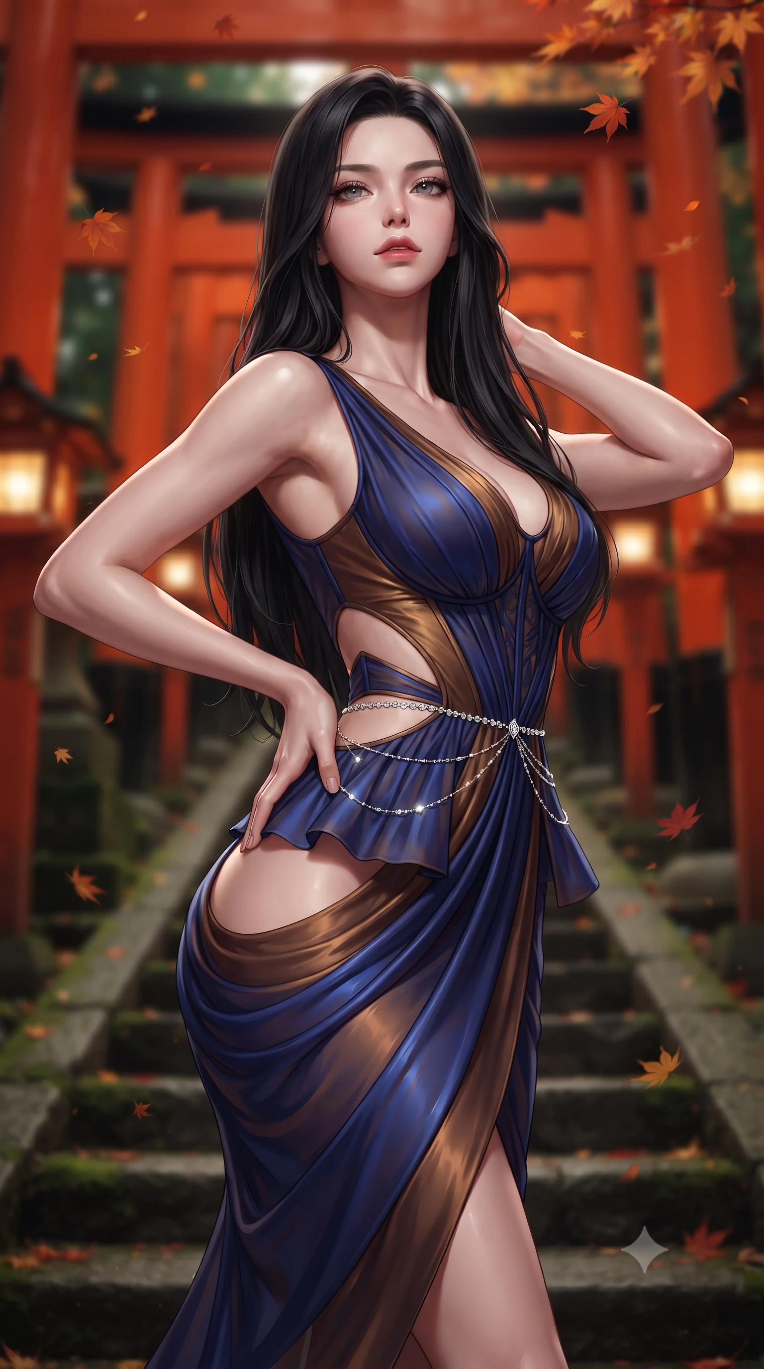 score_9, masterpiece, best quality, ultra-detailed, high-budget anime keyframe, semi-realistic 3D game render, editorial fashion photography, tasteful artistic composition, Korean woman. close-up cowboy shot from the waist and thighs up, the character dominates the composition, filling the frame with her large presence. tilting her chin up with proud, sovereign allure while gazing through thick eyelashes, one hand resting on her waist in pure supermodel charisma while standing poised on the ancient stone steps between glowing stone lanterns, twisting her slender torso in an alluring S-curve as autumn maple leaves fall. The composition keeps background elements in soft focus with creamy bokeh. endless tunnel of bright vermilion torii arches and glowing stone lantern flames blurred into rich vermilion, amber, and deep forest-green bokeh. She has an exceptionally elegant, slender, and willowy female figure with an ultra-slim waist, flat toned midriff, narrow ribcage, and sculpted feminine hips creating an alluring, slim hourglass silhouette without bulk. sharp v-shaped jawline, high-bridge nose, intricate jewel-like eyes with depth, thick eyelashes, glossy parted lips with a natural sheen, intensely captivating and seductive bedroom-eyes expression, flawlessly proportioned anatomical accuracy, strict slender model proportions, natural body alignment, perfectly sculpted long slender limbs, ultra-slim waistline, clean dynamic posture without body distortion. wearing a modern peplum corset dress with side-waist diamond cutouts and an ultra-tight silhouette in royal sapphire blue and liquid bronze, woven from layered gossamer chiffon with a weightless sweeping drape, accented with a dainty diamond waist chain catching the ambient light reflections, the glove-like aerodynamic silhouette tightly following the natural contour of her hips and long slender legs with statuesque 8.5-heads elegance. illuminated by delicate directional lantern light sharply defining her sculpted collarbones, narrow waist, and curvy hips. highly saturated vibrant anime colors, detailed shading with soft gradients, rich glossy textures, high-contrast stereoscopic depth, volumetric dynamic lighting, master piece, 9:16 ratio