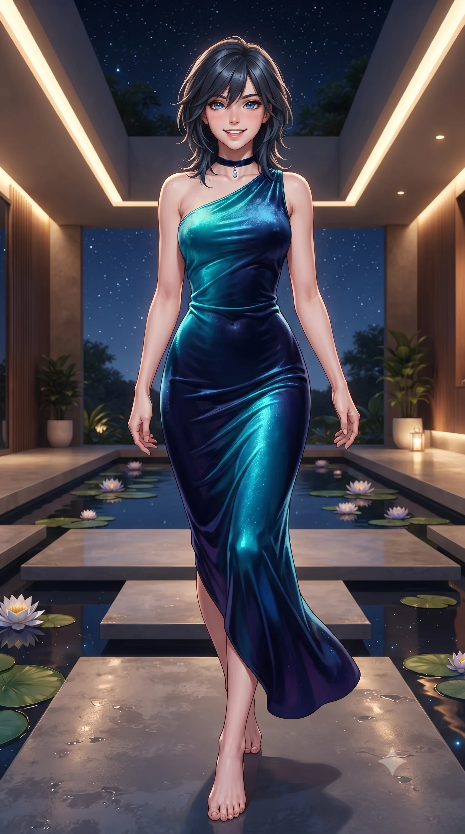 score_9, masterpiece, best quality, ultra-detailed, high-budget anime keyframe, editorial fashion photography, tasteful artistic composition, Caucasian woman. low angle full-body shot from head to toe showing her feet, filling the entire 9:16 vertical frame with her statuesque presence, stretching her vertical silhouette. stepping slowly toward the camera with hypnotic grace, hips swaying in an alluring sensual rhythm that accentuates her curvy hourglass silhouette and long slender legs while twisting her slender torso in an alluring S-curve, floating water lilies and reflected starry skies framing her flat midriff and hips. The surrounding environment is rendered in vivid detail and crisp panoramic clarity: detailed garment cut, bodycon tailoring, and award-winning contemporary architecture in high resolution. She has an exceptionally tall and slender model-like 8.5-heads proportion, an ultra-slim waist, a flat toned midriff, narrow delicate ribcage, and beautifully sculpted feminine hips creating a graceful, slim hourglass silhouette without any bulky heaviness, with impossibly long slender legs. sharp v-shaped jawline, high-bridge nose, intricate jewel-like sparkling eyes with depth, thick eyelashes, glossy parted lips with a natural peach sheen, bright cheerful beaming smile with an enchanting and coquettish sensual glint, exuding both youthful cute charm and seductive allure, flawlessly proportioned anatomical accuracy, strict slender model proportions, natural body alignment, perfectly sculpted long slender limbs, ultra-slim waistline, clean dynamic posture without body distortion. wearing a liquid jersey asymmetrical one-shoulder gown with seamless sculpting hold adhering tightly to her silhouette in Maldivian bioluminescent electric cyan and midnight indigo, tailored from ultra-plush silk velvet with rich tactile depth and deep shadow gradients, finished with a thin velvet ribbon choker and a single teardrop diamond pendant, the bespoke structured tailoring following the natural line of her 8.5-heads silhouette with refined elegance. bathed in the warm 2700K linear architectural cove lights concealed beneath floating pathways. ultra-reflective glossy finish, specular highlights, rich textural contrasts, high-contrast stereoscopic depth, volumetric dynamic lighting, 2k, ultra detail, master piece, 9:16 ratio