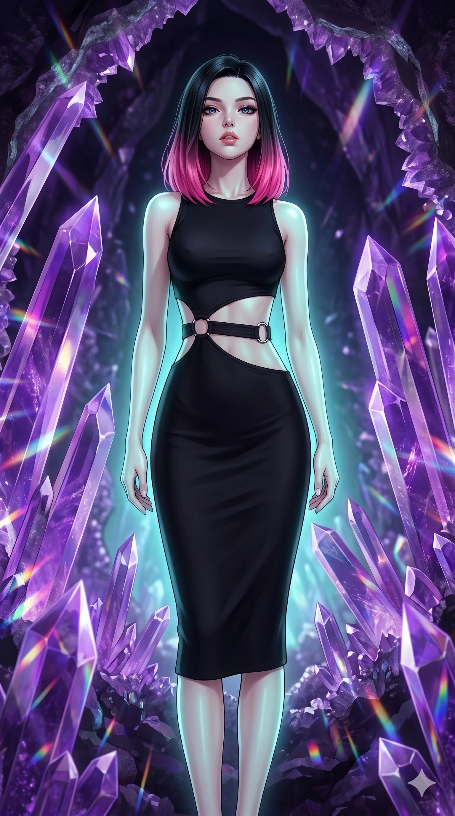 score_9, masterpiece, best quality, ultra-detailed, high-budget anime keyframe, editorial fashion photography, tasteful artistic composition, Japanese woman. cowboy shot from the thighs up, character and outfit filling the frame for maximum editorial presence. Tilting her chin up slightly with lips parted in a composed expression inside a crystalline geode cavern lined with towering amethyst spires casting violet prismatic light. She has an absolutely perfect 8-heads proportion, an exceptionally tall and slender female figure with impossibly long slender legs and an ultra-slim waist. V-shaped jawline, high-bridge nose, intricate jewel-like eyes with depth, thick eyelashes, glossy lips with a natural sheen. wearing a precision matte black bodycon midi dress with strategic architectural cutouts at the waist and side torso framed by clean chrome ring hardware, perfectly fitted to her slender form. illuminated by soft aqua bioluminescent light that makes her skin luminously glow against the dark. 2k, ultra detail, master piece, 9:16 ratio