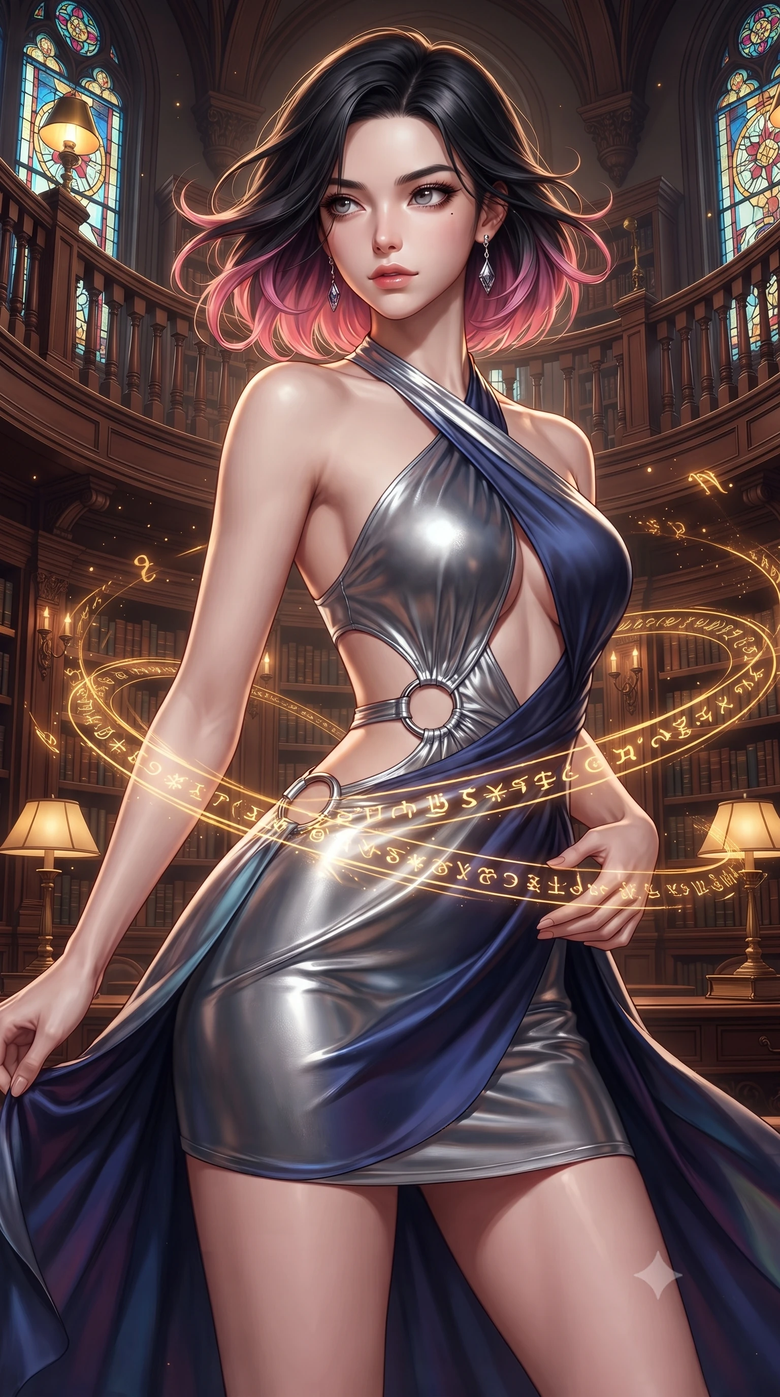 score_9, masterpiece, best quality, ultra-detailed, high-budget anime keyframe, editorial fashion photography, tasteful artistic composition, Korean woman. close-up cowboy shot from the waist and thighs up, the character dominates the composition, filling the frame with her large presence. twisting her upper body in a dynamic S-curve with an alluring smolder, one hand trailing along her slender waist while pivoting dynamically in a multi-story book rotunda as golden magical glyphs and sunbeams dance around her waist. The surrounding environment is rendered in vivid detail and crisp panoramic clarity. intricate carved mahogany bookcases, brass reading lamps, and stained glass window details in deep focus. She has an exceptionally elegant, slender, and willowy female figure with an ultra-slim waist, a gracefully sculpted slender torso, toned flat midriff, and a refined slim silhouette. sharp v-shaped jawline, high-bridge nose, intricate jewel-like eyes with depth, thick eyelashes, glossy lips with a natural sheen, flawlessly proportioned anatomical accuracy, strict slender model proportions, natural body alignment, perfectly sculpted long slender limbs, ultra-slim waistline, clean dynamic posture without body distortion. wearing a molten silver liquid-metal mini dress featuring deep side-waist cutouts and a daring crossover halter neckline in deep royal navy blue and specular chrome, made of smooth iridescent silk chiffon that shifts colors with movement, detailed with polished silver rings connecting the daring side-waist cutouts, the liquid-tight tailored fabric emphasizing every curve of her tall, slender model proportions and sculptured silhouette during dynamic movement. illuminated by warm glowing amber manuscript glyphs and rich mahogany refractions. ultra-reflective glossy finish, specular highlights, metallic sheen, high-contrast stereoscopic depth, volumetric dynamic lighting, 2k, ultra detail, master piece, 9:16 ratio