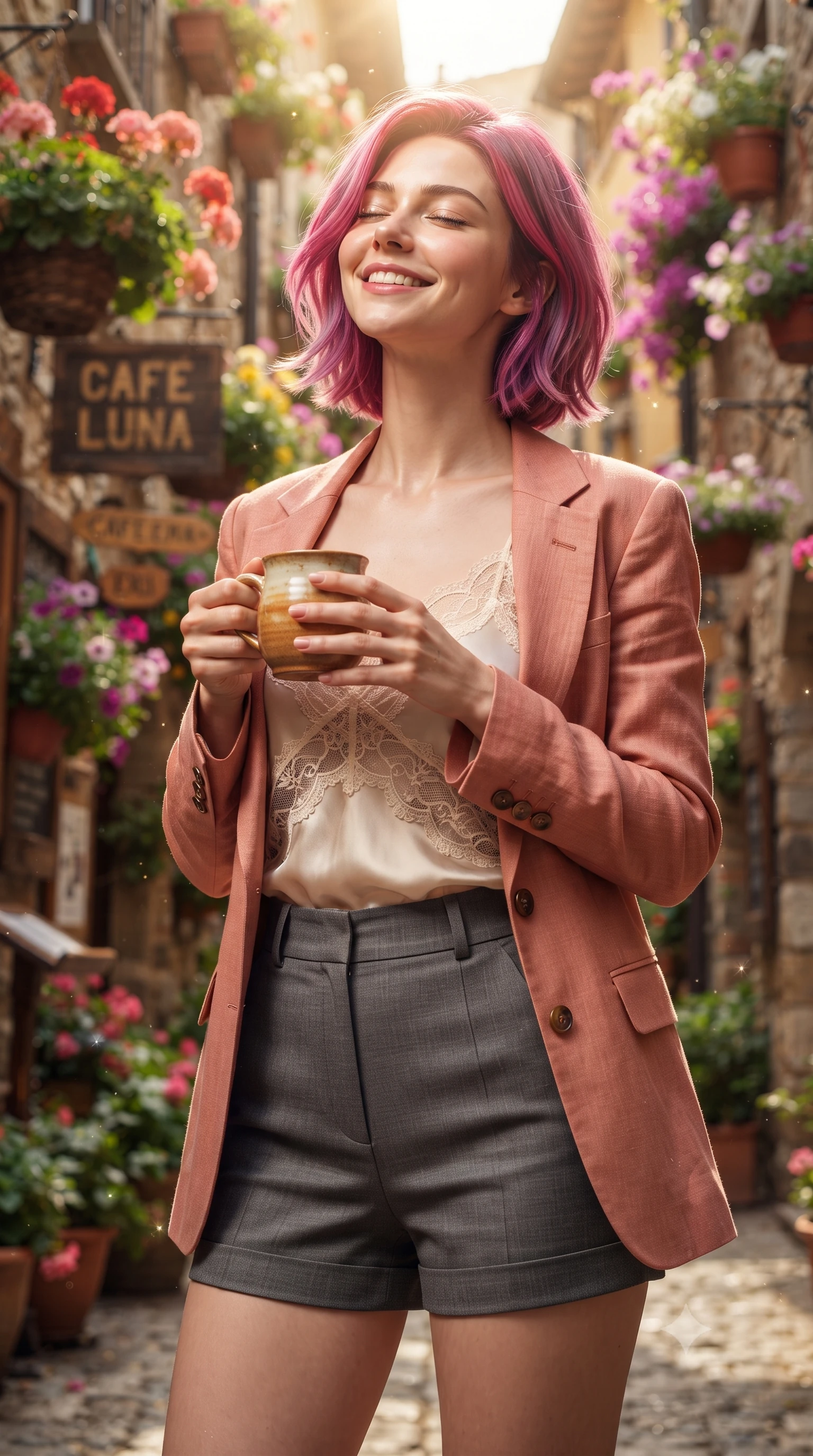 score_9, masterpiece, best quality, ultra-detailed, high-budget anime keyframe, editorial fashion photography, tasteful artistic composition, Caucasian woman. close-up cowboy shot from the waist and thighs up, the character dominates the composition, filling the frame with her large presence, background elements kept in soft focus. smiling happily with closed eyes, enjoying the warm sunbeams on her face set against a soft-focus background of in a colorful alley decorated with hanging flower baskets and wooden signs holding a delicate handmade ceramic mug with a warm grin. She has an exceptionally elegant, slender, and willowy female figure with an ultra-slim waist, a gracefully sculpted slender torso, and a refined silhouette. sharp v-shaped jawline, high-bridge nose, intricate jewel-like eyes with depth, thick eyelashes, glossy lips with a natural sheen. wearing body-hugging delicate silk camisole with lace panels and a tailored blazer worn open over form-contouring shorts. bright daylight reflecting off the display cases, creating sparkling glints. ultra-reflective glossy finish, specular highlights, metallic sheen, high-contrast stereoscopic depth, volumetric dynamic lighting, 2k, ultra detail, master piece, 9:16 ratio