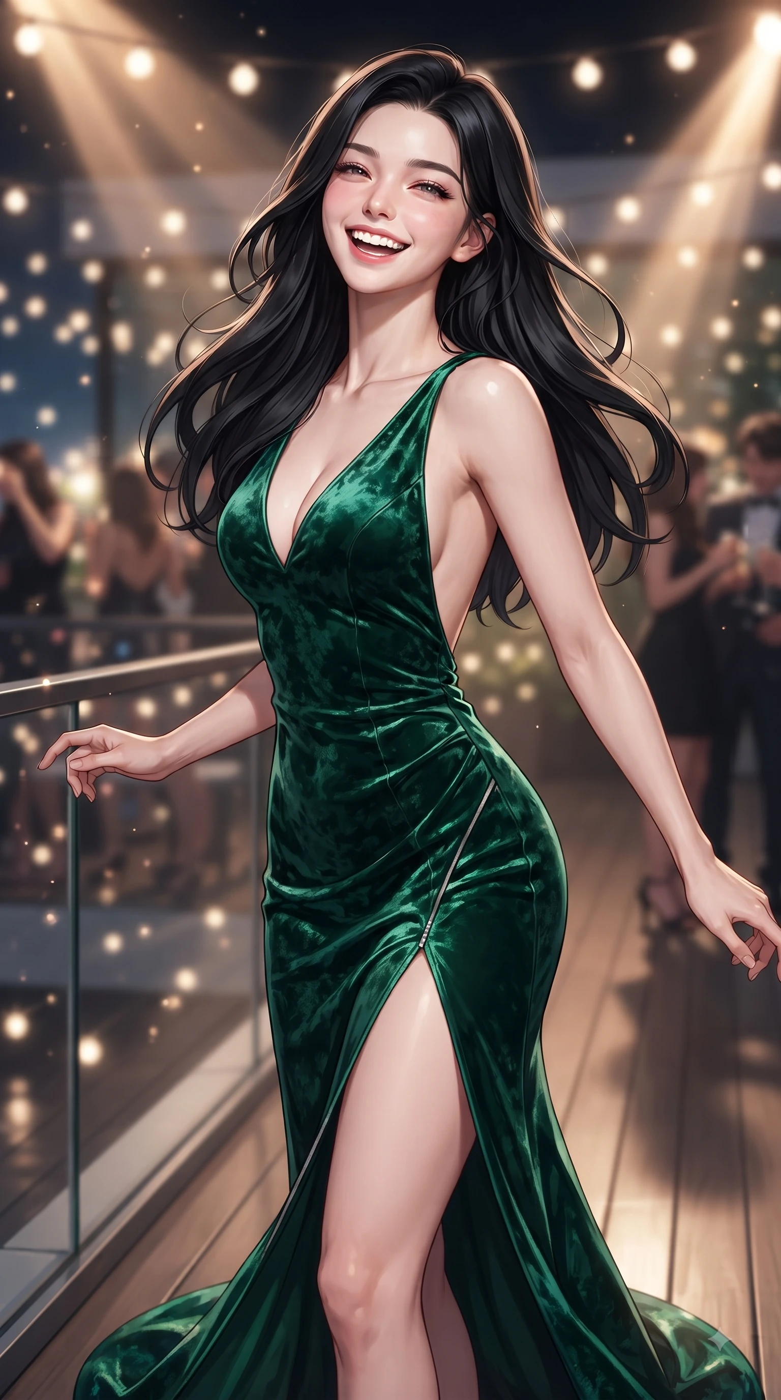 score_9, masterpiece, best quality, ultra-detailed, high-budget anime keyframe, editorial fashion photography, tasteful artistic composition, Korean woman. close-up cowboy shot from the waist and thighs up, the character dominates the composition, filling the frame with her large presence, background elements kept in soft focus. Tilting her chin up with a beaming smile of pure delight while balancing dynamically amidst the scene while pivoting dynamically amidst string fairy lights with a laughing, delighted expression, sleek glass and wood terrace textures reflecting warm party light beams. She has an exceptionally elegant, slender, and willowy female figure with an ultra-slim waist, a gracefully sculpted slender torso, and a refined silhouette. sharp v-shaped jawline, high-bridge nose, intricate jewel-like eyes with depth, thick eyelashes, glossy lips with a natural sheen, flawlessly proportioned anatomical accuracy, natural body alignment, perfectly sculpted elegant limbs, clean dynamic posture without body distortion. wearing a backless crushed velvet gown with a deep V-neckline and high thigh slit in deep emerald green and silver accent, crafted from smooth liquid silk, finished with a sleek side slit ascending to mid-thigh, the form-contouring material highlighting her ultra-slim waist and long lines. surrounded by an electric, joyful party atmosphere with high specular shine. ultra-reflective glossy finish, specular highlights, metallic sheen, high-contrast stereoscopic depth, volumetric dynamic lighting, 2k, ultra detail, master piece, 9:16 ratio