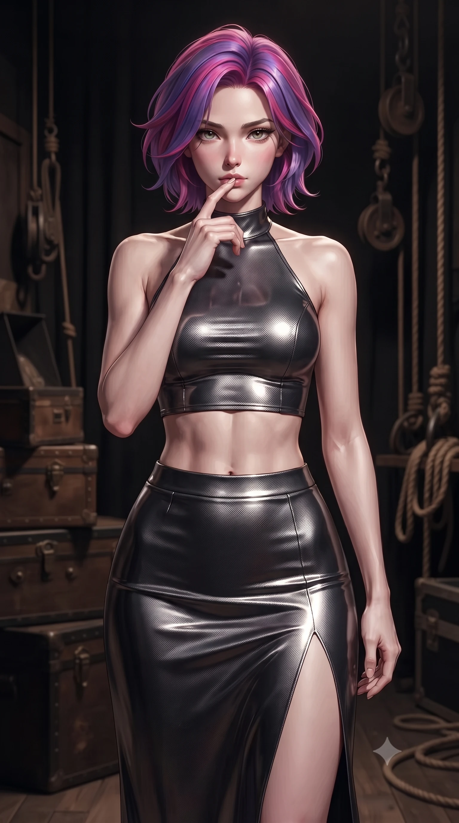 score_9, masterpiece, best quality, ultra-detailed, high-budget anime keyframe, editorial fashion photography, tasteful artistic composition, Caucasian woman. close-up cowboy shot from the waist and thighs up, the character dominates the composition, filling the frame with her large presence, background elements kept in soft focus. pressing one finger to her bottom lip in a thoughtful, composed gesture, locking eyes with the viewer, the background shows a soft-focus a vintage stage wing with wooden trunks, pulleys, and ropes in the dark. She has an exceptionally elegant, slender, and willowy female figure with an ultra-slim waist, a gracefully sculpted slender torso, and a refined silhouette. sharp v-shaped jawline, high-bridge nose, intricate jewel-like eyes with depth, thick eyelashes, glossy lips with a natural sheen. wearing a tailored carbon-fiber halter-neck crop top paired with a matching high-slit midi skirt, revealing her slim waist. dramatic chiaroscuro lighting focusing on her athletic, slender build. ultra-reflective glossy finish, specular highlights, metallic sheen, high-contrast stereoscopic depth, volumetric dynamic lighting, 2k, ultra detail, master piece, 9:16 ratio