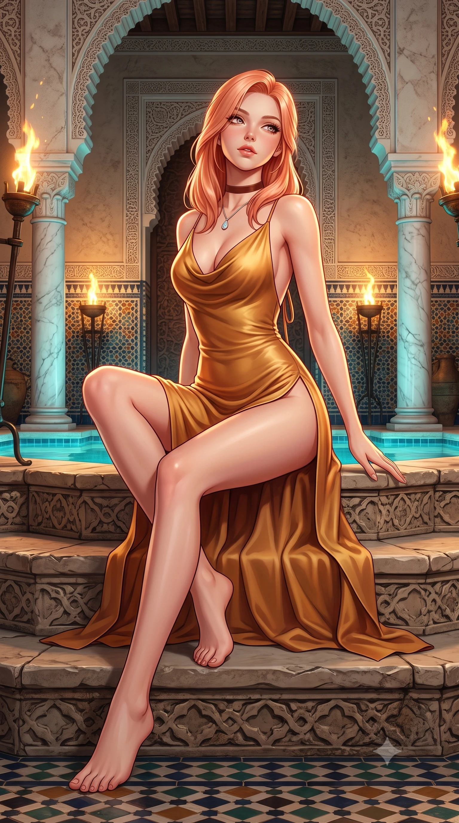 score_9, masterpiece, best quality, ultra-detailed, high-budget anime keyframe, semi-realistic 3D game render, editorial fashion photography, tasteful artistic composition, Japanese woman. low angle full-body shot from head to toe showing her feet, filling the entire 9:16 vertical frame with her statuesque presence, stretching her vertical silhouette. sitting poised on the stone steps with one knee bent, arching her spine with supermodel elegance as she glances upward through thick eyelashes while twisting her slender torso in an alluring S-curve, dancing torchlight and water reflections sculpting highlights across her flat midriff and hips. The surrounding environment is rendered in vivid detail and crisp panoramic clarity: sharp zellij geometric mosaic tile seams, carved stucco lace fretwork on arches, and white Carrara marble column veins in deep focus. She has an absolutely perfect, statuesque 8.5-heads proportion, an exceptionally tall and slender model-like female figure with impossibly long slender legs, an ultra-slim waist, a flat toned midriff, narrow delicate ribcage, and beautifully sculpted feminine hips creating a graceful, slim hourglass silhouette without any bulky heaviness. sharp v-shaped jawline, high-bridge nose, sparkling eyes with hypnotic seductive depth, thick curled eyelashes, glossy parted lips with a natural dewy peach sheen, alluring bedroom-eyes with an enchanting coquettish smile, exuding magnetic siren charisma and sophisticated glamour, flawlessly proportioned anatomical accuracy, strict slender model proportions, natural body alignment, perfectly sculpted long slender limbs, ultra-slim waistline, clean dynamic posture without body distortion. wearing a plunging cowl-neck liquid cashmere-silk slip gown with daring hip-high double slits and delicate back ties in warm amber honey and antique gold leaf, woven from buttery-soft stretch lambskin leather adhering to her body like a second skin, finished with a thin velvet ribbon choker and a single teardrop diamond pendant, the high-slit wrap tailoring accentuating her ultra-slim waistline and the enchanting curve of her feminine hips with alluring seductive charm. bathed in the warm dynamic flicker of real outdoor oil torches combined with turquoise submerged pool downlighting. highly saturated vibrant anime colors, detailed shading with soft gradients, rich glossy textures, high-contrast stereoscopic depth, volumetric dynamic lighting, master piece, 9:16 ratio