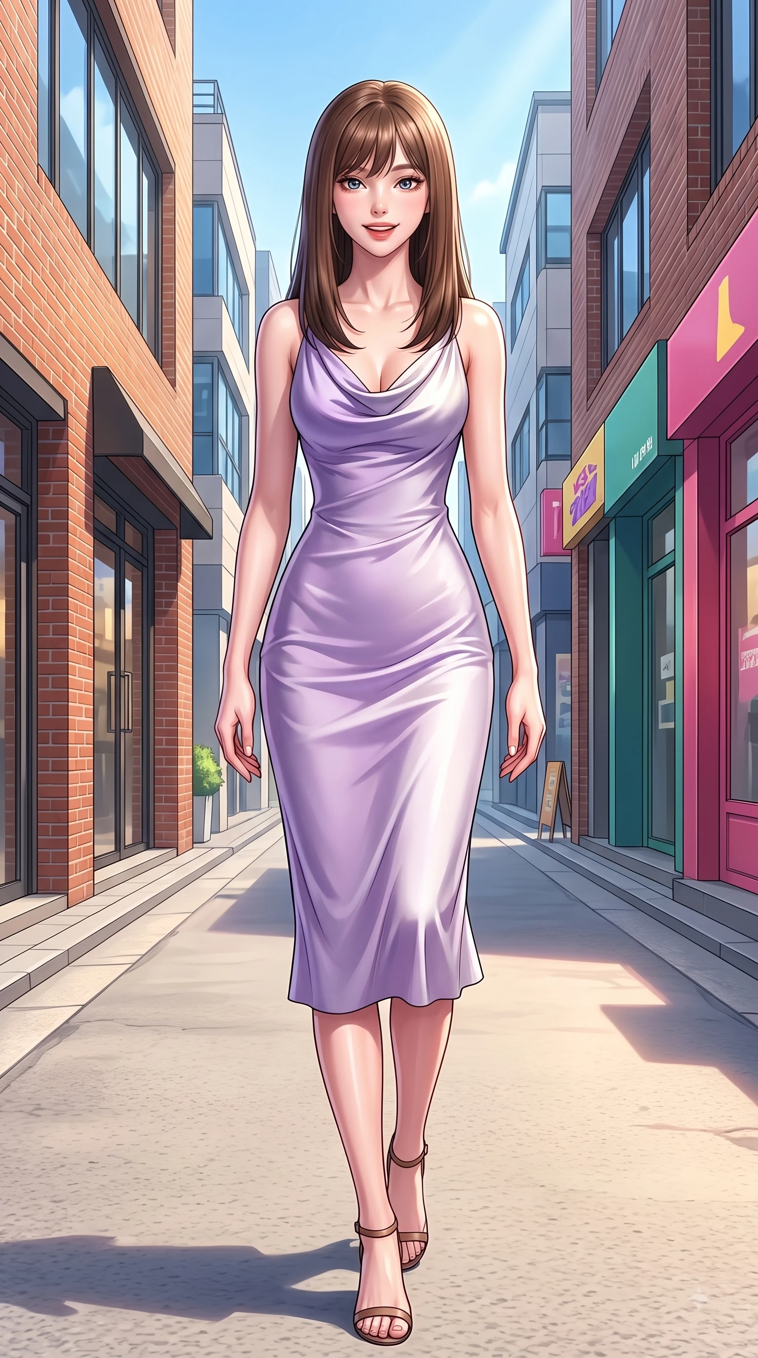 score_9, masterpiece, best quality, ultra-detailed, high-budget anime keyframe, editorial fashion photography, tasteful artistic composition, Korean woman. low angle full-body shot from head to toe showing her feet, filling the entire 9:16 vertical frame with her statuesque presence, stretching her vertical silhouette. stepping forward gracefully in mid-motion with a delighted cute expression, displaying her statuesque model proportions while walking dynamically down a sunlit Seongsu boutique street lined with modern brick cafes. The surrounding environment is rendered in vivid detail and crisp panoramic clarity. vibrant Seongsu boutique storefronts, brick facade textures, and modern glass windows in sharp clarity. She has an absolutely perfect, statuesque 8.5-heads proportion, an exceptionally tall and slender model-like female figure with impossibly long slender legs and an ultra-slim waist. sharp v-shaped jawline, high-bridge nose, intricate jewel-like eyes with depth, thick eyelashes, glossy lips with a natural sheen, flawlessly proportioned anatomical accuracy, natural body alignment, perfectly sculpted elegant limbs, clean dynamic posture without body distortion. wearing an elegant cowl-neck silk satin midi dress with a graceful draped neckline in soft lavender violet and pearl white, tailored from fine wool crepe with clean lines, accented with a Tasteful chest slit framing her clavicle gracefully, the form-contouring material highlighting her ultra-slim waist and long lines. illuminated by crisp clear afternoon key light and vibrant specular highlights. highly saturated vibrant anime colors, detailed shading with soft gradients, rich glossy textures, high-contrast stereoscopic depth, volumetric dynamic lighting, master piece, 9:16 ratio