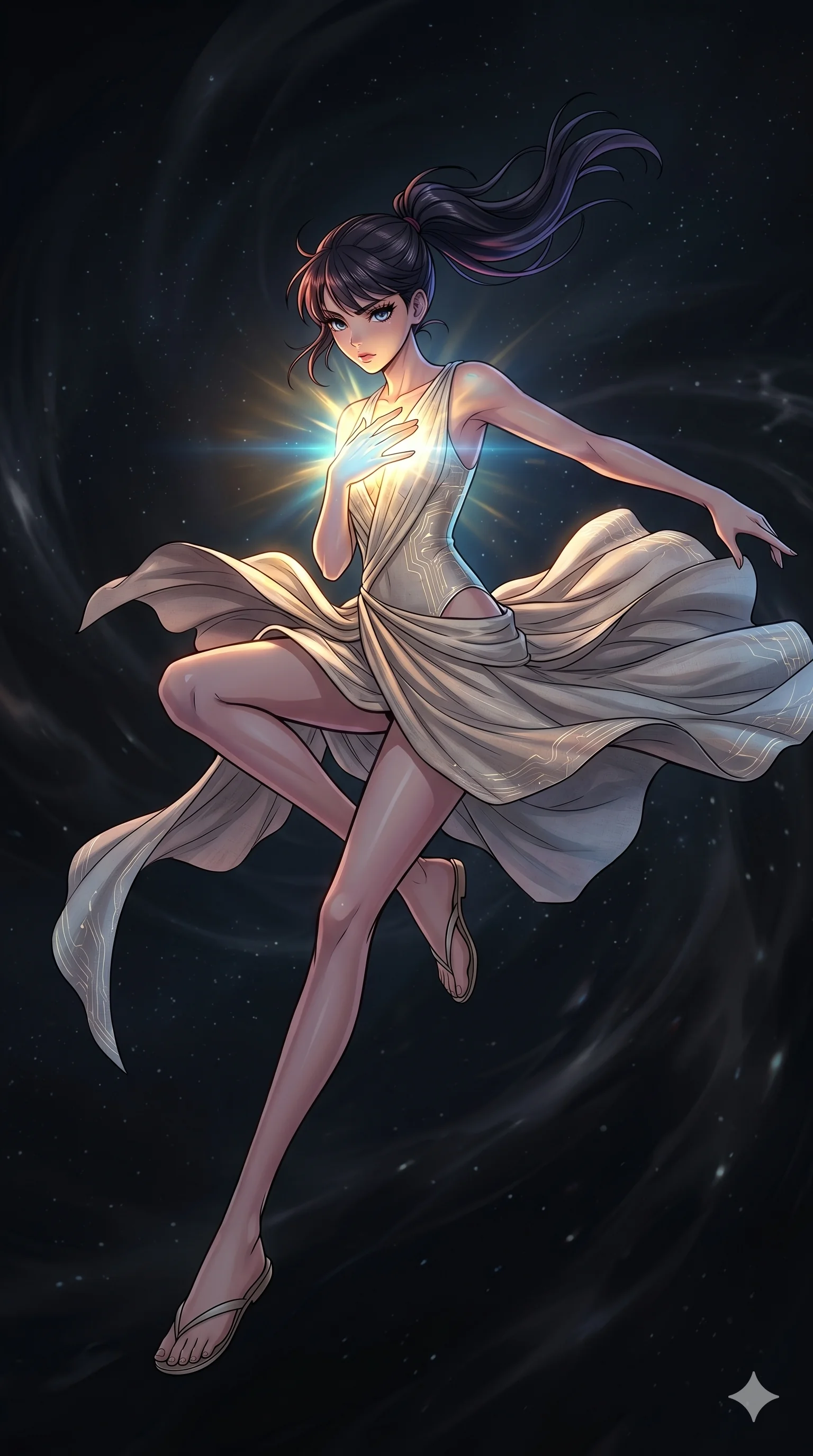 score_9, masterpiece, best quality, ultra-detailed, high-budget anime movie keyframe, cinematic anime lighting, intricate line art, Japanese woman. Mid-air action shot capturing a graceful twist and vertical silhouette. shielding her heart with a glowing hand in a dark void. She has an absolutely perfect 8-heads proportion, an exceptionally tall and slender female figure with graceful and slender proportions. strictly human anatomy, two legs only, no extra limbs, clearly defined legs and arms, perfect anatomy, perfect hands and fingers. sharp v-shaped jawline, high-bridge nose, intricate jewel-like eyes, thick eyelashes, glossy lips. Wearing Seasonal/Resort: Elegant one-piece with sarong, linen sundress with tie-back, and light fabric wrap. The scene is illuminated by dramatic atmospheric lighting and vibrant color palettes. , 2k, ultra detail, master piece, 9:16 ratio