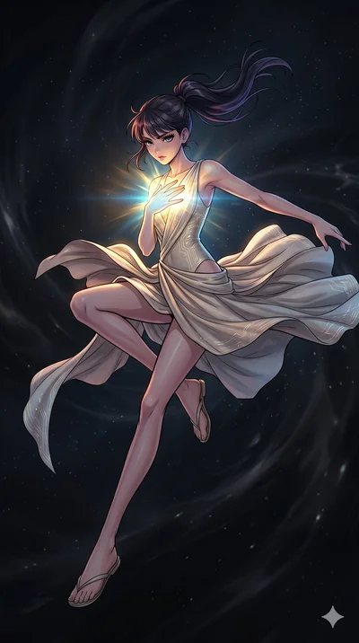 score_9, masterpiece, best quality, ultra-detailed, high-budget anime movie keyframe, cinematic anime lighting, intricate line art, Japanese woman. Mid-air action shot capturing a graceful twist and vertical silhouette. shielding her heart with a glo