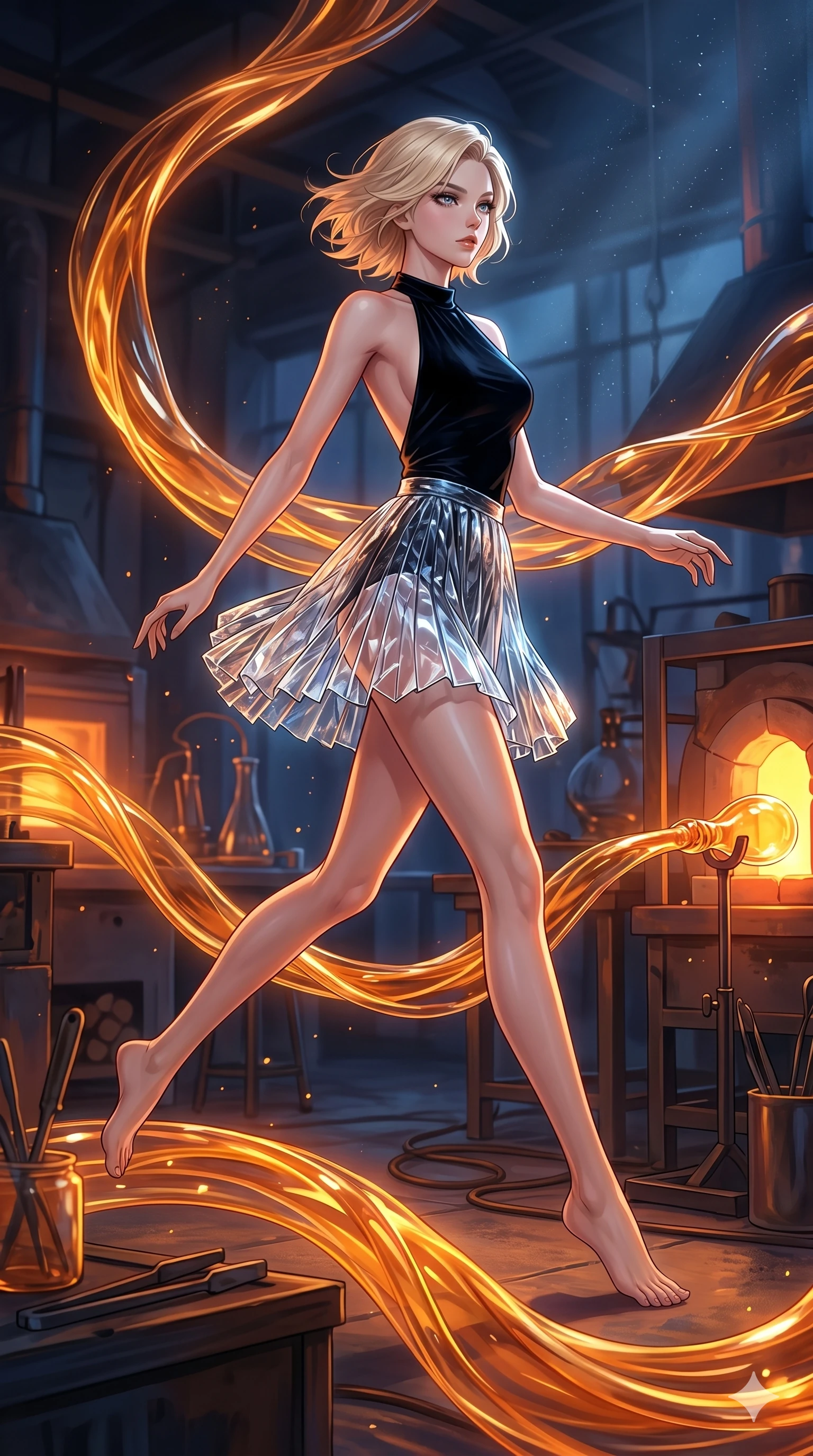 score_9, masterpiece, best quality, ultra-detailed, high-budget anime keyframe, Korean woman. low angle full-body shot filling the entire 9:16 frame with her statuesque presence, stretching the vertical silhouette. bounding through a molten glass art studio where twisting, glowing amber glass tubes rotate like fluid rivers in a heated environment. She has an absolutely perfect 8-heads proportion, an exceptionally tall and slender female figure with impossibly long slender legs and an ultra-slim waist. V-shaped jawline, high-bridge nose, intricate jewel-like eyes with depth, thick eyelashes, glossy lips with a natural sheen.. wearing a fractal glass pleated skirt and a backless black velvet halter neck top, creating a dramatic and elegant silhouette. illuminated by dramatic chiaroscuro casting soft shadows along her elegant contours, with vibrant backlighting highlighting the dust particles. 2k, ultra detail, master piece, 9:16 ratio