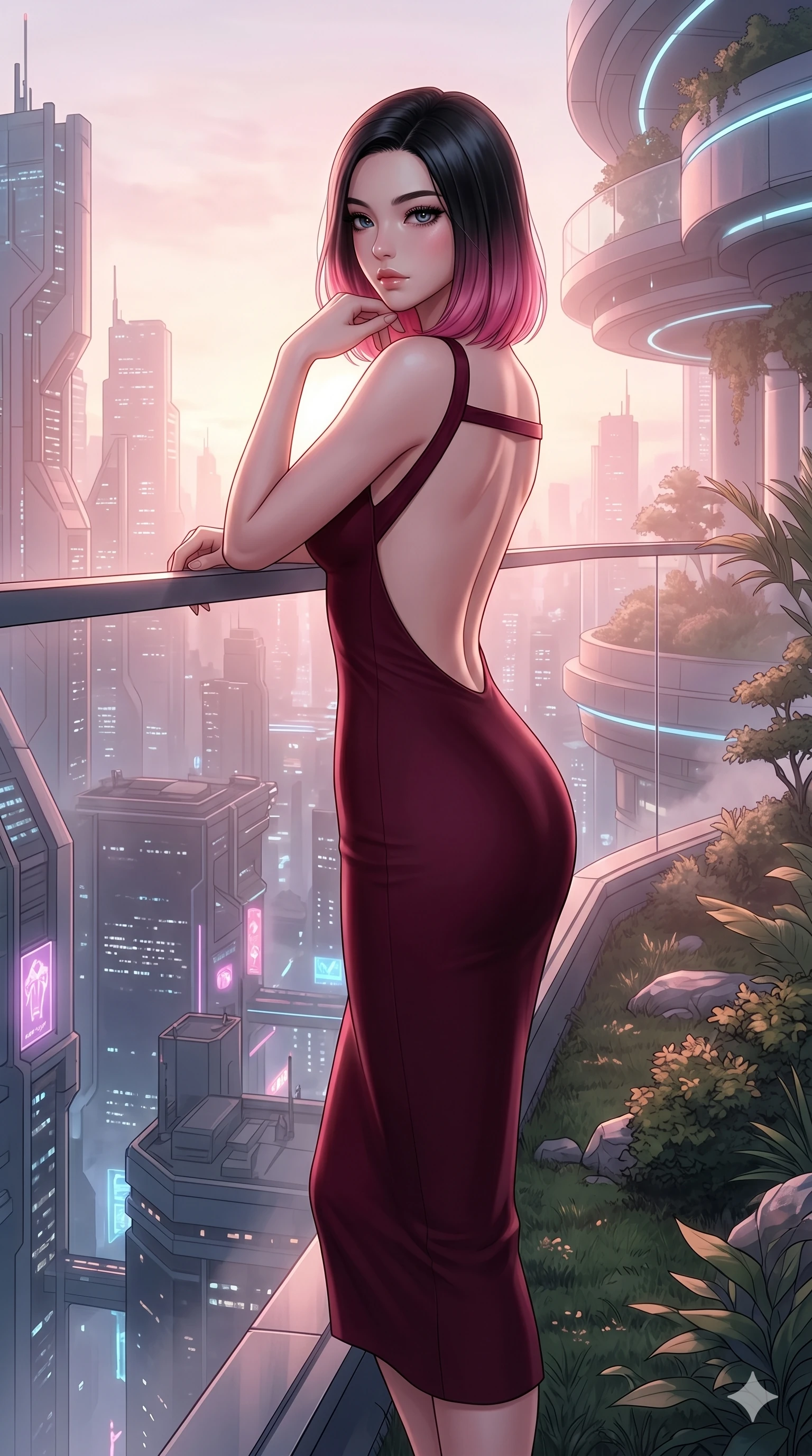 score_9, masterpiece, best quality, ultra-detailed, high-budget anime keyframe, editorial fashion photography, tasteful artistic composition, Korean woman. cowboy shot from the thighs up, character and outfit filling the frame for maximum editorial presence. Resting her chin on the backs of her fingers in a confident pose at the edge of a futuristic rooftop garden overlooking a neon-drenched megalopolis at night. She has an absolutely perfect 8-heads proportion, an exceptionally tall and slender female figure with impossibly long slender legs and an ultra-slim waist. V-shaped jawline, high-bridge nose, intricate jewel-like eyes with depth, thick eyelashes, glossy lips with a natural sheen. wearing a deep burgundy bodycon midi dress with a modest front neckline and a dramatically dramatically open open back held by a single elegant strap, the fitted fabric form-sculpting every curve of her slender body. bathed in soft rose-gold dawn light filtering through atmospheric volumetric fog that wraps her silhouette. 2k, ultra detail, master piece, 9:16 ratio