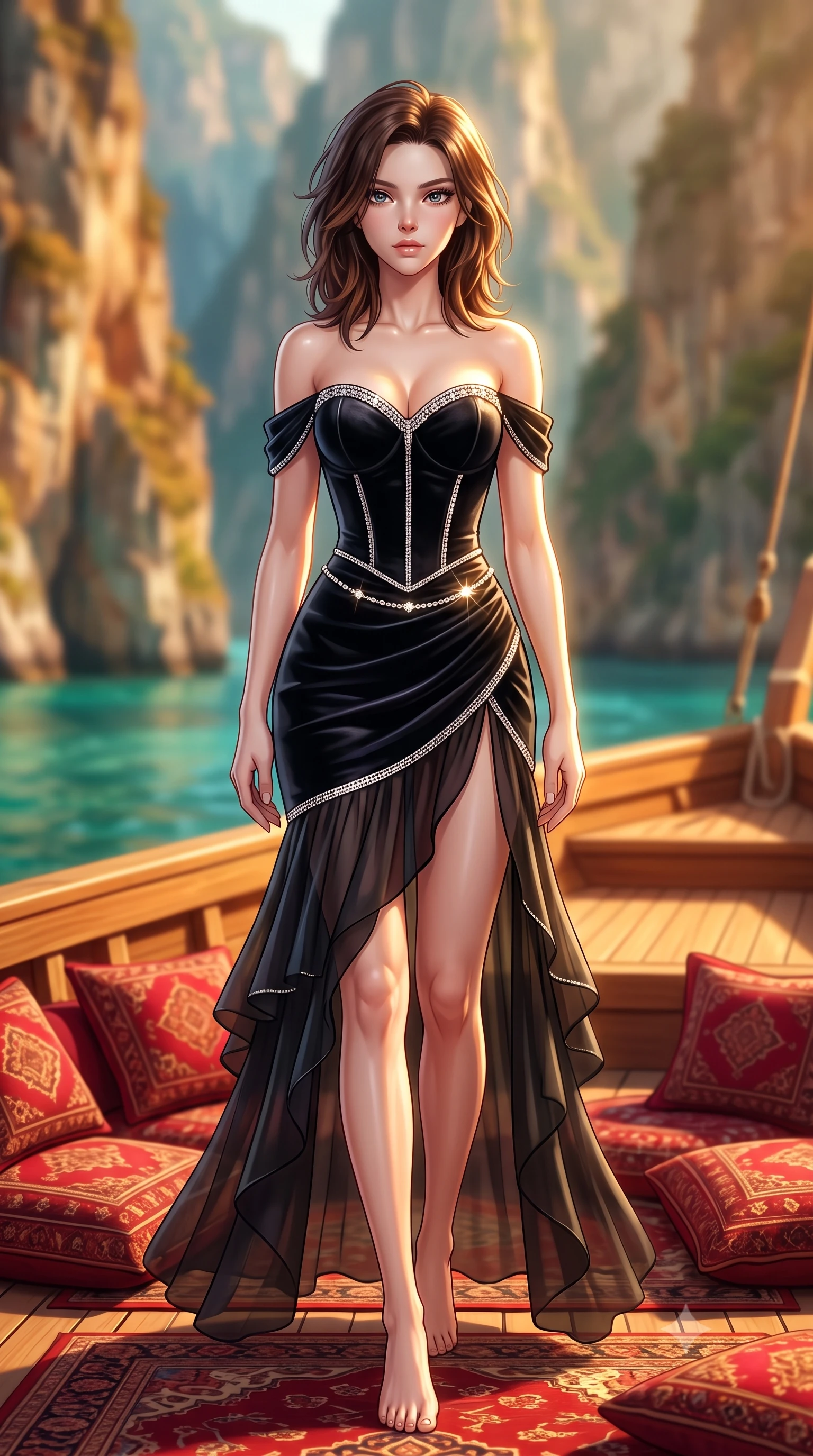 score_9, masterpiece, best quality, ultra-detailed, high-budget anime keyframe, semi-realistic 3D game render, editorial fashion photography, tasteful artistic composition, Korean woman. low angle full-body shot from head to toe showing her feet, filling the entire 9:16 vertical frame with her statuesque presence, stretching her vertical silhouette. striding forward in a proud supermodel runway stride, hips swaying in an alluring kinetic rhythm that accentuates her curvy hourglass silhouette while reclining on rich crimson Persian cushions on the open teak deck of a luxury dhow cruising through towering desert fjord canyons. The composition keeps background elements in soft focus with creamy bokeh. towering jagged fjord cliff faces and crystalline emerald sea waters blurred into warm ochre, turquoise, and bronze bokeh. She has an exceptionally tall and slender model-like 8.5-heads proportion, an ultra-slim waist, a flat toned midriff, narrow delicate ribcage, and beautifully sculpted feminine hips creating a graceful, slim hourglass silhouette without any bulky heaviness, with impossibly long slender legs. sharp v-shaped jawline, high-bridge nose, intricate jewel-like eyes with depth, thick eyelashes, glossy parted lips with a natural sheen, intensely captivating and seductive bedroom-eyes expression, flawlessly proportioned anatomical accuracy, strict slender model proportions, natural body alignment, perfectly sculpted long slender limbs, ultra-slim waistline, clean dynamic posture without body distortion. wearing an off-shoulder French court corset bodice dress paired with a tiered translucent chiffon slit skirt in pitch-black velvet with diamond crystal trim, tailored from ultra-smooth duchess satin with a pearlescent sheen, accented with a dainty diamond waist chain catching the ambient light reflections, the glove-like aerodynamic silhouette tightly following the natural contour of her hips and long slender legs with statuesque 8.5-heads elegance. illuminated by intense golden specular reflections sculpting her bare collarbones, ultra-slim waist, and curvy hips. highly saturated vibrant anime colors, detailed shading with soft gradients, rich glossy textures, high-contrast stereoscopic depth, volumetric dynamic lighting, master piece, 9:16 ratio