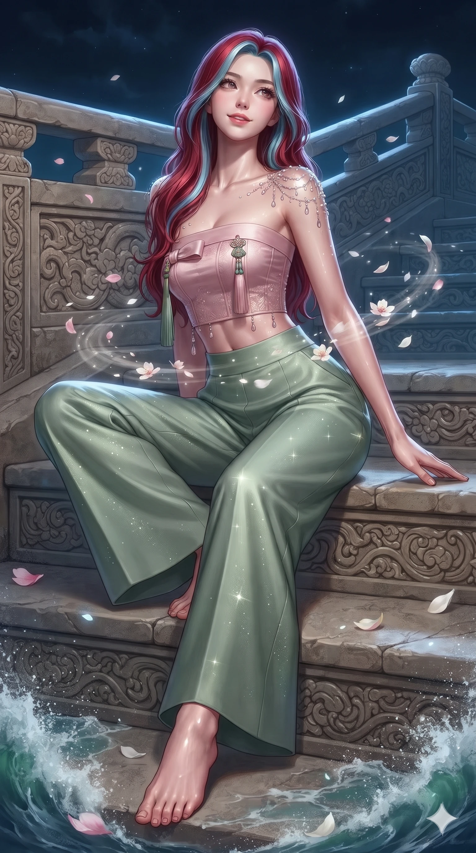 score_9, masterpiece, best quality, ultra-detailed, high-budget anime keyframe, editorial fashion photography, tasteful artistic composition, Caucasian woman. low angle full-body shot from head to toe showing her feet, filling the entire 9:16 vertical frame with her statuesque presence, stretching her vertical silhouette. sitting poised on the stone steps with one knee bent, arching her spine with supermodel elegance as she glances upward through thick eyelashes while twisting her slender torso in an alluring S-curve, moonlight and fragrant white flower petals swirling around her flat midriff and hips. The surrounding environment is rendered in vivid detail and crisp panoramic clarity: sharp carved stone balustrade relief, delicate plum blossom petal veins, and churning sea foam clarity in deep focus. She has an absolutely perfect, statuesque 8.5-heads proportion, an exceptionally tall and slender model-like female figure with impossibly long slender legs, an ultra-slim waist, a flat toned midriff, narrow delicate ribcage, and beautifully sculpted feminine hips creating a graceful, slim hourglass silhouette without any bulky heaviness. sharp v-shaped jawline, high-bridge nose, sparkling eyes with hypnotic seductive depth, thick curled eyelashes, glossy parted lips with a natural dewy peach sheen, alluring bedroom-eyes with an enchanting coquettish smile, exuding magnetic siren charisma and sophisticated glamour, flawlessly proportioned anatomical accuracy, strict slender model proportions, natural body alignment, perfectly sculpted long slender limbs, ultra-slim waistline, clean dynamic posture without body distortion. wearing a modern strapless boned hanbok bustier with traditional norigae tassel accents paired with high-waisted wide-leg silk trousers in soft lotus rose and morning dew sage green, woven from metallic lurex thread casting radiant starlight glints across her silhouette, finished with glistening drops of night dew beading across her sculpted shoulders and flat midriff, the form-contouring silhouette accentuating her sculpted flat midriff, narrow delicate ribcage, and gracefully curvy hips with intoxicating allure. illuminated by ocean surf seafoam bounce and sharp platinum-azure rim lights defining her razor-sharp jawline, narrow waist, and curvy hips. ultra-reflective glossy finish, specular highlights, rich textural contrasts, high-contrast stereoscopic depth, volumetric dynamic lighting, 2k, ultra detail, master piece, 9:16 ratio