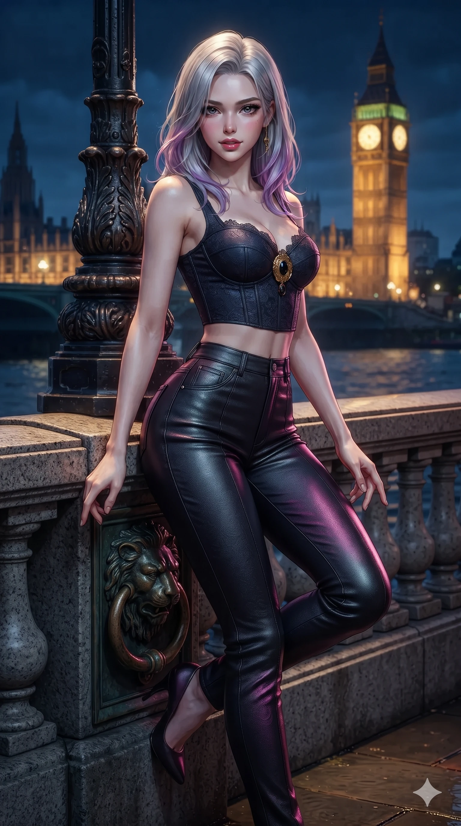 score_9, masterpiece, best quality, ultra-detailed, high-budget anime keyframe, editorial fashion photography, tasteful artistic composition, Caucasian woman. close-up cowboy shot from the waist and thighs up, the character dominates the composition, filling the frame with her large presence. leaning against a historic cast-iron lamppost with one knee bent, night mist drifting through her hair as her dark outfit traces her feminine curves while standing poised beside the lion-head mooring ring, arching her lower back with sovereign supermodel grace as river mists drift by. The surrounding environment is rendered in vivid detail and crisp panoramic clarity: sharp carved granite balustrade texture, weathered bronze lion mooring ring, and rippling river water surface in deep focus. She has an exceptionally elegant, slender, and willowy female figure with an ultra-slim waist, flat toned midriff, narrow ribcage, and sculpted feminine hips creating an alluring, slim hourglass silhouette without bulk. sharp v-shaped jawline, high-bridge nose, intricate jewel-like dark sparkling eyes with dangerous depth, thick curled eyelashes, glossy parted lips with a rich wine sheen, smoldering seductive half-smile with bedroom-eyes, exuding effortless superiority and intoxicating dark allure, flawlessly proportioned anatomical accuracy, strict slender model proportions, natural body alignment, perfectly sculpted long slender limbs, ultra-slim waistline, clean dynamic posture without body distortion. wearing a cropped structured bodice top paired with ultra-fitted high-waisted leather trousers tracing her hips in wet asphalt charcoal and neon magenta reflections, tailored from rich silk jacquard with subtle embossed baroque patterns, finished with an authentic engraved gold medallion and obsidian cabochons, the liquid-tight tailored fabric clinging flawlessly to her narrow waist and rounded feminine hips, emphasizing every millimeter of her sculpted slim hourglass curves without any bulky heaviness. bathed in the majestic golden glow of Big Ben floodlights contrasting with deep river night blues. ultra-reflective glossy finish, specular highlights, rich textural contrasts, high-contrast stereoscopic depth, volumetric dynamic lighting, 2k, ultra detail, master piece, 9:16 ratio