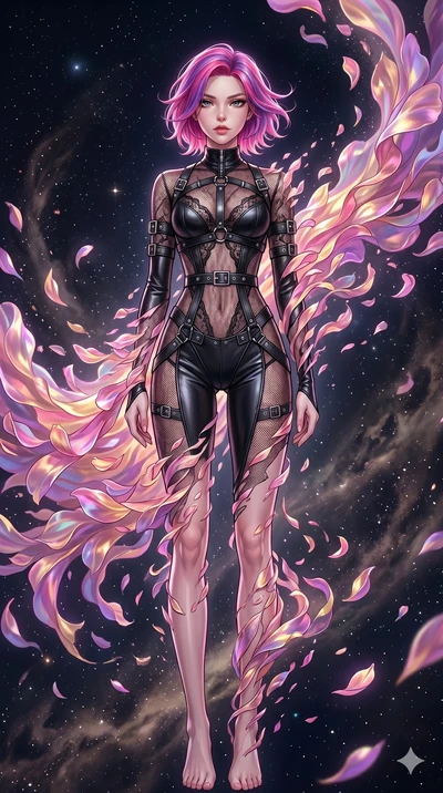 score_9, masterpiece, best quality, ultra-detailed, High-budget Anime Keyframe, East Asian woman. Low angle cowboy shot filling the entire 9:16 frame with her statuesque presence. Scenario 141: Dissolving into a cloud of iridescent silk petals in a v