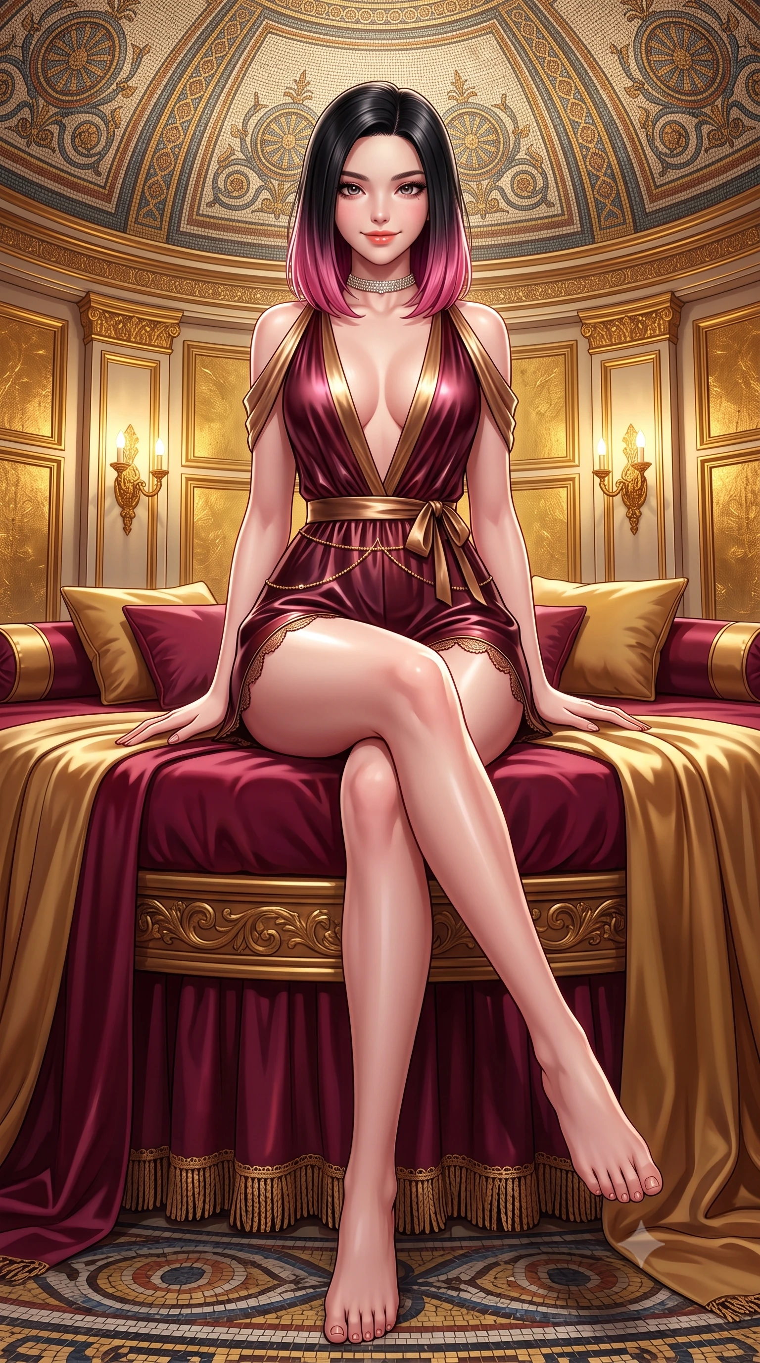 score_9, masterpiece, best quality, ultra-detailed, high-budget anime keyframe, semi-realistic 3D game render, editorial fashion photography, tasteful artistic composition, Korean woman. low angle full-body shot from head to toe showing her feet, filling the entire 9:16 vertical frame with her statuesque presence, stretching her vertical silhouette. lounging on the lavish daybed with legs crossed and hips angled toward the camera, displaying her toned midriff and long slender limbs with effortless siren poise while standing centered in the circular salon under the mosaic dome, arching her spine with breathtaking classical sculpture grace. The surrounding environment is rendered in vivid detail and crisp panoramic clarity: detailed silk satin ballet bodice drape, diamond choker shine, and magnificent salon craftsmanship in high resolution. She has an absolutely perfect, statuesque 8.5-heads proportion, an exceptionally tall and slender model-like female figure with impossibly long slender legs, an ultra-slim waist, a flat toned midriff, narrow delicate ribcage, and beautifully sculpted feminine hips creating a graceful, slim hourglass silhouette without any bulky heaviness. sharp v-shaped jawline, high-bridge nose, sparkling eyes with hypnotic seductive depth, thick curled eyelashes, glossy parted lips with a natural dewy peach sheen, alluring bedroom-eyes with an enchanting coquettish smile, exuding magnetic siren charisma and sophisticated glamour, flawlessly proportioned anatomical accuracy, strict slender model proportions, natural body alignment, perfectly sculpted long slender limbs, ultra-slim waistline, clean dynamic posture without body distortion. wearing a deep V-neck silk satin ballerina romper with scalloped eyelash-lace hems and a cinched satin waist ribbon in smoky bordeaux wine and gilded bronze, crafted from wet-look high-gloss vinyl fabric with dazzling specular surface reflections, accented with a dainty gold belly chain resting across her flat midriff and curving hips, the form-contouring silhouette accentuating her sculpted flat midriff, narrow delicate ribcage, and gracefully curvy hips with intoxicating allure. bathed in warm 2800K gilded sconce radiance reflecting off gold leaf and mosaic glass. highly saturated vibrant anime colors, detailed shading with soft gradients, rich glossy textures, high-contrast stereoscopic depth, volumetric dynamic lighting, master piece, 9:16 ratio