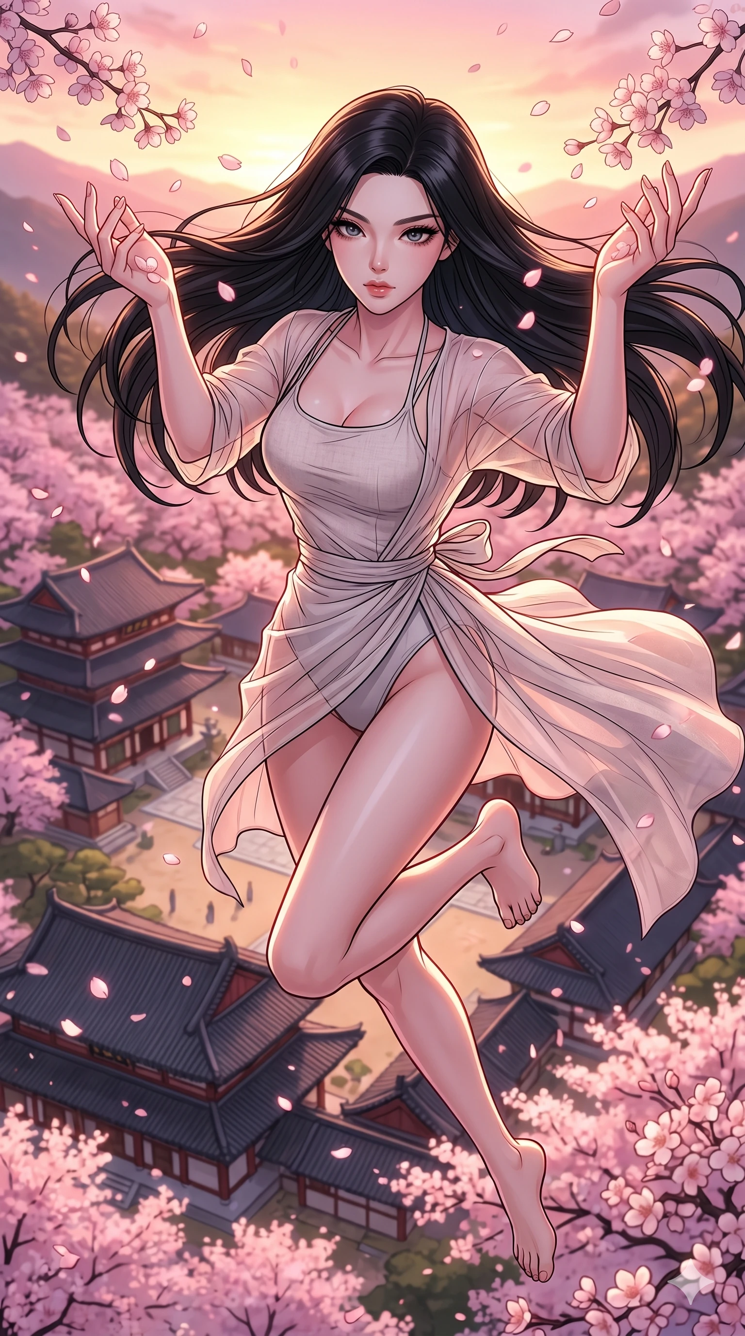 score_9, masterpiece, best quality, ultra-detailed, high-budget anime movie keyframe, cinematic anime lighting, intricate line art, Korean anime girl. Extreme high angle shot as she leaps towards the camera, filling the frame. twisting in mid-air while catching falling cherry blossoms at dawn. She has an absolutely perfect 8-heads proportion, an exceptionally tall and slender female figure with an ultra-slim waist and impossibly long slender legs. strictly human anatomy, two legs only, no extra limbs, clearly defined legs and arms, perfect anatomy, perfect hands and fingers. sharp v-shaped jawline, high-bridge nose, intricate jewel-like eyes, thick eyelashes, glossy lips. Wearing Seasonal/Resort: High-cut one-piece with sarong, linen sundress with tie-back, and sheer fabric wrap. The scene is illuminated by dramatic atmospheric lighting and vibrant color palettes. , 2k, ultra detail, master piece, 9:16 ratio