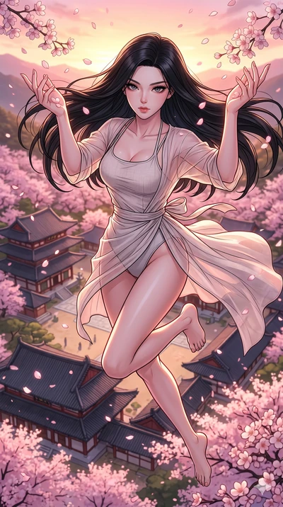 score_9, masterpiece, best quality, ultra-detailed, high-budget anime movie keyframe, cinematic anime lighting, intricate line art, Korean anime girl. Extreme high angle shot as she leaps towards the camera, filling the frame. twisting in mid-air whi