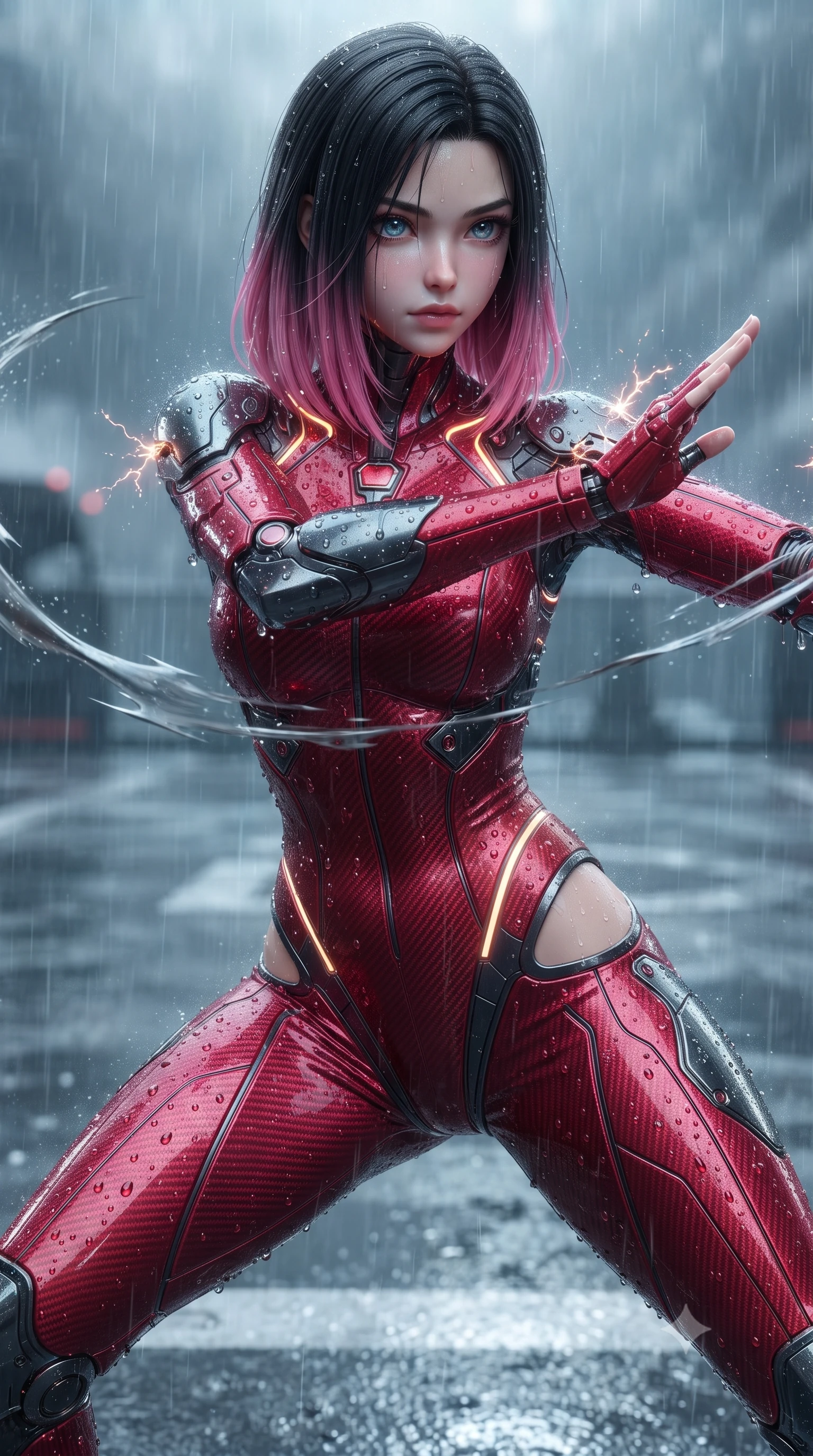 score_9, masterpiece, best quality, ultra-detailed, high-budget anime keyframe, editorial fashion photography, tasteful artistic composition, Korean woman. close-up cowboy shot from the waist and thighs up, the character dominates the composition, filling the frame with her large presence. twisting her upper body in a dynamic S-curve martial arts stance, cybernetic elbow dampers emitting subtle electric sparks as she aims a focused palm strike while shifting gracefully into a low Panzer Kunst ready stance as rain streams off her sleek second-skin carbon armor. The surrounding environment is rendered in vivid detail and crisp panoramic clarity. sharp raindrop beads on polished carbon plates, razor-sharp air-distortion wave edges, and wet helipad in deep focus. She has an exceptionally elegant, slender, and willowy female figure with an ultra-slim waist, a gracefully sculpted slender torso, toned flat midriff, and a refined slim silhouette. sharp v-shaped jawline, high-bridge nose, intricate jewel-like eyes with depth, thick eyelashes, glossy lips with a natural sheen, flawlessly proportioned anatomical accuracy, strict slender model proportions, natural body alignment, perfectly sculpted long slender limbs, ultra-slim waistline, clean dynamic posture without body distortion. wearing a skin-tight crimson carbon-weave battle-suit with metallic dark chrome elbow dampers and hip-accentuating cutouts in deep crimson carbon weave with specular dark chrome accents, tailored from flexible second-skin carbon-mesh that clings flawlessly to her athletic curves, accented with glowing fiber-optic conduits tracing her collarbones and hip curves, the sleek second-skin cut tightly hugging her graceful clavicle, narrow waist, and feminine curves with athletic precision. surrounded by an electrifying, fierce, and passionately powerful martial valkyrie atmosphere. ultra-reflective glossy finish, specular highlights, dark metallic sheen, high-contrast stereoscopic depth, volumetric dynamic lighting, 2k, ultra detail, master piece, 9:16 ratio