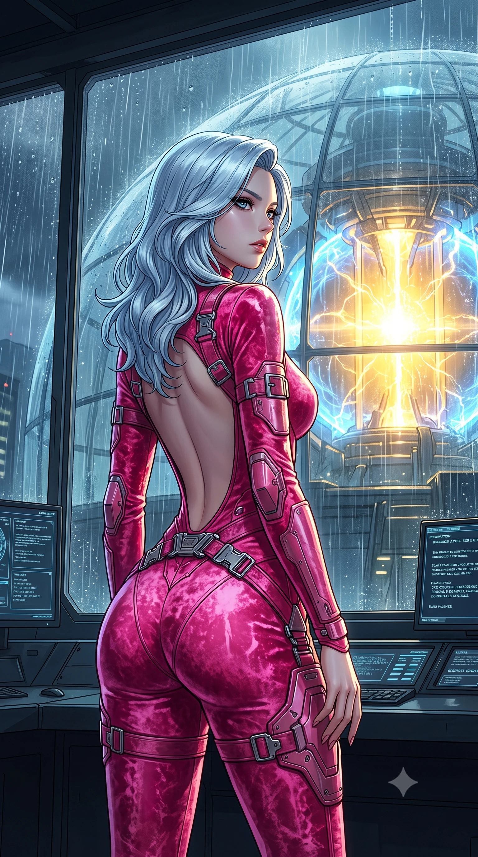score_9, masterpiece, best quality, ultra-detailed, High-budget Anime Keyframe, East Asian woman. Low angle cowboy shot filling the entire 9:16 frame with her statuesque presence. Scenario 454: looking out at the rain through a wet glass window near a secret bio-dome containing a giant glowing fusion reactor. Her presence is magnetic and overpowering in this high-budget anime scene. Outfit 454: a body-hugging hot pink crushed velvet jumpsuit with a dramatic backless design and metallic buckles. The clothing is designed to emphasize her exceptionally tall and slender 8-heads proportion. 8-heads proportion, towering silhouette, ultra-slim waist. sharp v-shaped jawline, intricate jewel-like eyes with depth, thick eyelashes, glossy lips. 2k, ultra detail, master piece, 9:16 ratio