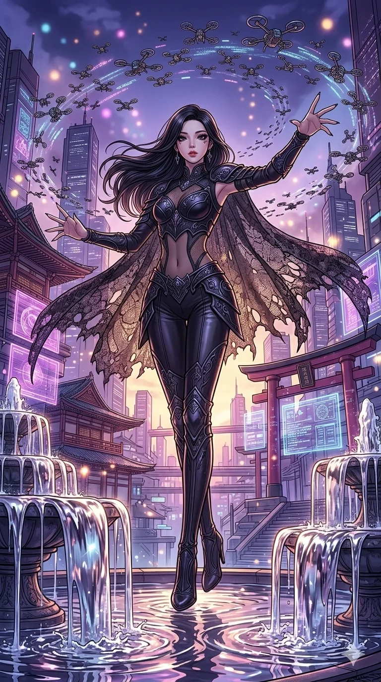 score_9, masterpiece, best quality, ultra-detailed, high-budget anime movie keyframe, cinematic anime lighting, intricate line art, Caucasian (strictly human ears) woman. Dynamic full-body shot stretching the vertical silhouette across the 9:16 frame. commanding a drone swarm in a cyber-temple in Neo-Tokyo with liquid mercury fountains. She has an absolutely perfect 8-heads proportion, an exceptionally tall and slender female figure with an ultra-slim waist and impossibly long slender legs. sharp v-shaped jawline, high-bridge nose, intricate jewel-like eyes, thick eyelashes, glossy lips. Wearing dark fantasy gothic leather armor with ornate obsidian plates, a tattered lace cape, and sheer mesh cut-outs at the midriff, exuding a mysterious allure. The scene is illuminated by dramatic atmospheric lighting and vibrant color palettes. , 2k, ultra detail, master piece, 9:16 ratio
