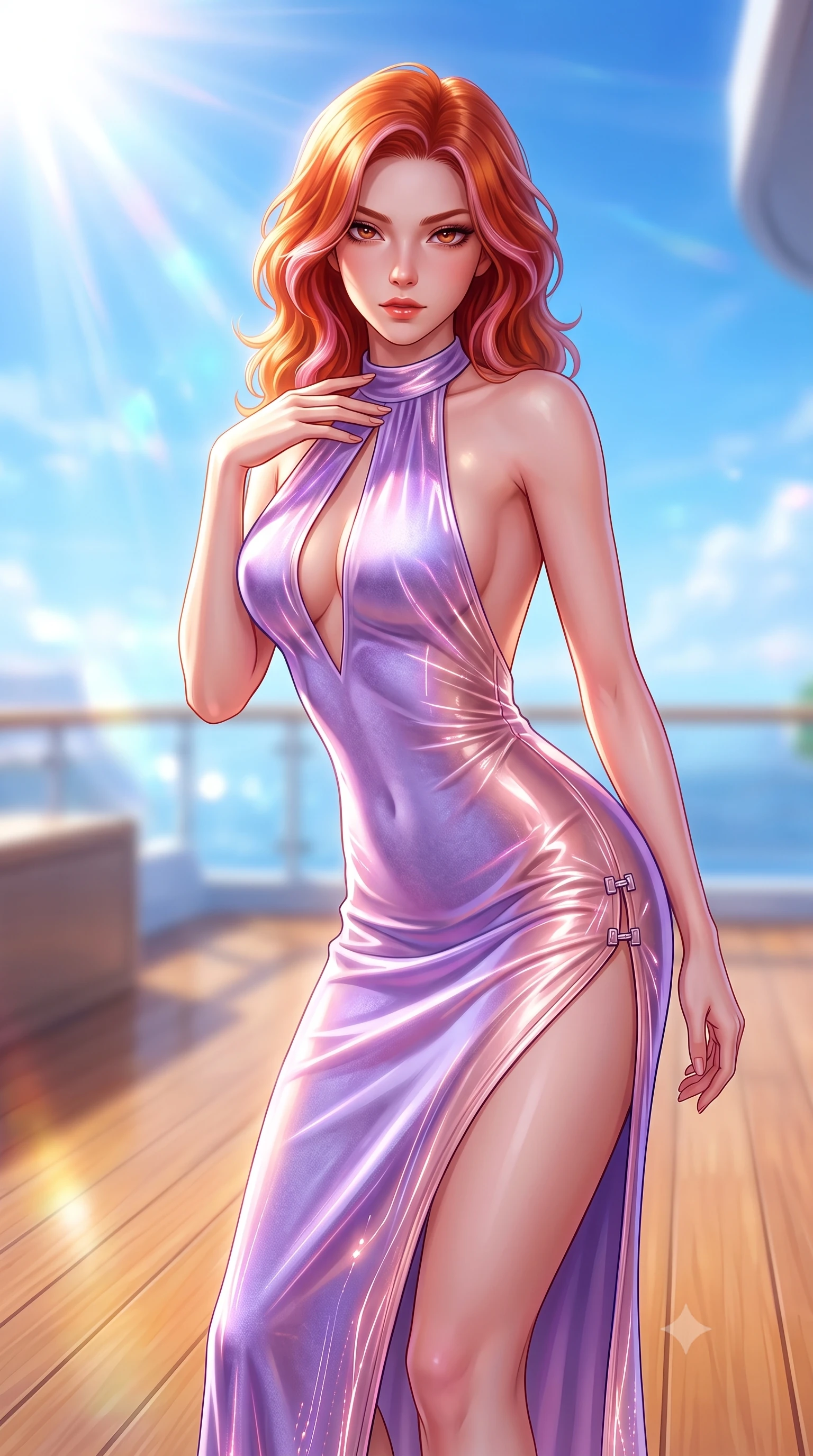 score_9, masterpiece, best quality, ultra-detailed, high-budget anime keyframe, semi-realistic 3D game render, editorial fashion photography, tasteful artistic composition, Caucasian woman. close-up cowboy shot from the waist and thighs up, the character dominates the composition, filling the frame with her large presence. leaning forward with a dangerous, enticing smolder, resting one hand near her collarbone while casting a fiery, magnetic direct gaze while stretching forward with an alluring S-curve silhouette on a polished wooden sky-deck in full daylight. The composition keeps background elements in soft focus with creamy bokeh. brilliant high-altitude sunrays scattering radiant light across a dreamy blue backdrop. She has an exceptionally elegant, slender, and willowy female figure with an ultra-slim waist, a gracefully sculpted slender torso, toned flat midriff, and a refined slim silhouette. sharp v-shaped jawline, high-bridge nose, intricate jewel-like eyes with depth, thick eyelashes, glossy lips with a natural sheen, flawlessly proportioned anatomical accuracy, strict slender model proportions, natural body alignment, perfectly sculpted long slender limbs, ultra-slim waistline, clean dynamic posture without body distortion. wearing a velvet halter-neck midi dress fitting her statuesque contour flawlessly with a Tasteful chest slit and open spine in luminous lavender violet and rose gold, tailored from semi-translucent cybernetic vinyl with glowing micro-filaments, finished with an ultra-high side slit secured by miniature magnetic clasps, the liquid-tight tailored fabric emphasizing every curve of her tall, slender model proportions and sculptured silhouette during dynamic movement. bathed in brilliant high-noon sunbursts and rich sky-blue ambient bounce light. highly saturated vibrant anime colors, detailed shading with soft gradients, rich glossy textures, high-contrast stereoscopic depth, volumetric dynamic lighting, master piece, 9:16 ratio