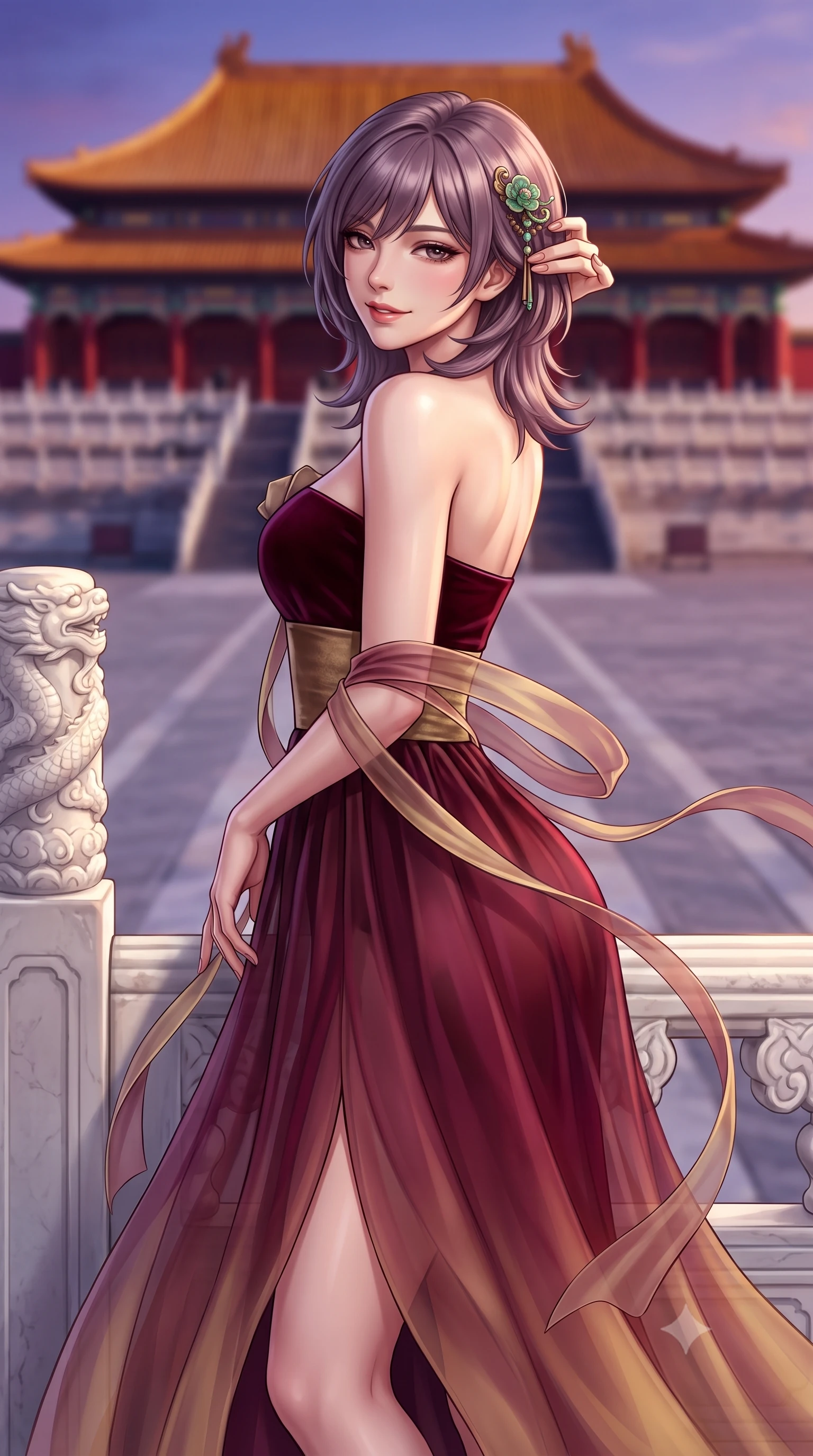 score_9, masterpiece, best quality, ultra-detailed, high-budget anime keyframe, semi-realistic 3D game render, editorial fashion photography, tasteful artistic composition, Japanese woman. close-up cowboy shot from the waist and thighs up, the character dominates the composition, filling the frame with her large presence. tilting her head with an alluring smile while arching her spine with dancer poise, one hand touching her ornate jade hairpin in a flirtatious S-curve while leaning against a carved white marble dragon balustrade with hips cocked back, looking over a bare shoulder with an intoxicating, imperial gaze. The background shows a soft-focus the colossal Meridian Gate red walls and sweeping imperial yellow glazed roofs blurred into deep vermilion, ochre gold, and twilight violet bokeh. She has an exceptionally elegant, slender, and willowy female figure with an ultra-slim waist, flat toned midriff, narrow ribcage, and sculpted feminine hips creating an alluring, slim hourglass silhouette without bulk. sharp v-shaped jawline, high-bridge nose, intricate jewel-like dark sparkling almond eyes with depth, thick lashes, glossy parted lips with a natural rose-plum sheen, bright alluring and coquettish smile with bedroom-eyes, exuding both timeless oriental elegance and sovereign high-fashion allure, flawlessly proportioned anatomical accuracy, strict slender model proportions, natural body alignment, perfectly sculpted long slender limbs, ultra-slim waistline, clean dynamic posture without body distortion. wearing a modern fusion hanbok dress with a structured velvet bodice and cascading sheer ombre organza skirt with front slit in deep wine burgundy and brushed antique gold, tailored from fine crisp cotton-linen with clean structural lines, accented with flowing gossamer silk ribbons that flutter dynamically in the evening breeze, the glove-like silhouette tightly following the natural contour of her hips and long slender legs with youthful 8.5-heads elegance. bathed in dramatic twilight golden hour light streaming horizontally across the vast marble plaza. highly saturated vibrant anime colors, detailed shading with soft gradients, rich glossy textures, high-contrast stereoscopic depth, volumetric dynamic lighting, master piece, 9:16 ratio