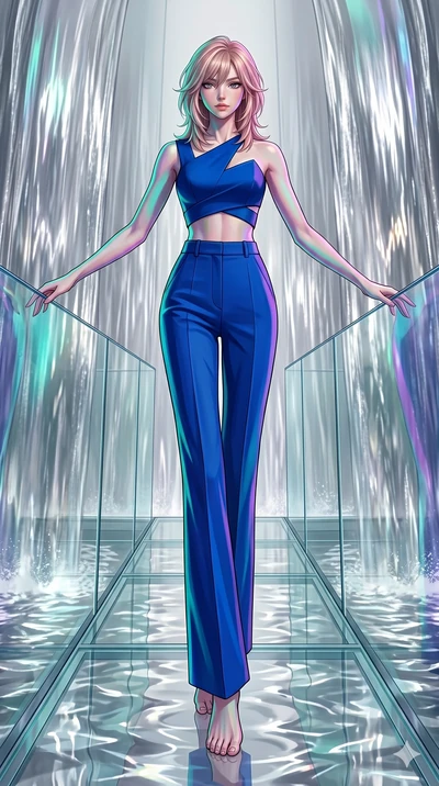 score_9, masterpiece, best quality, ultra-detailed, high-budget anime keyframe, editorial fashion photography, tasteful artistic composition, Japanese woman. low angle full-body shot from head to toe showing her feet, filling the entire 9:16 vertical