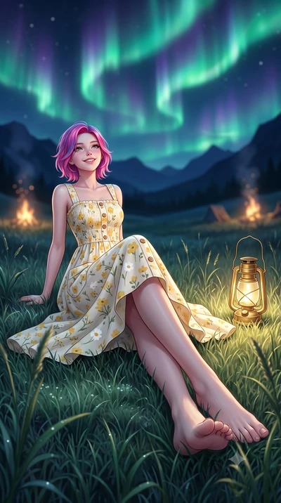 score_9, masterpiece, best quality, ultra-detailed, high-budget anime keyframe, semi-realistic 3D game render, editorial fashion photography, tasteful artistic composition, Caucasian woman. low angle full-body shot from head to toe showing her feet, 