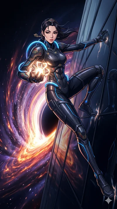 score_9, masterpiece, best quality, ultra-detailed, Set A: High-budget Anime Keyframe, Korean woman. Low angle cowboy shot filling the entire 9:16 frame with her statuesque presence. Theme: Historical Remix. sliding down a glass skyscraper in the edg
