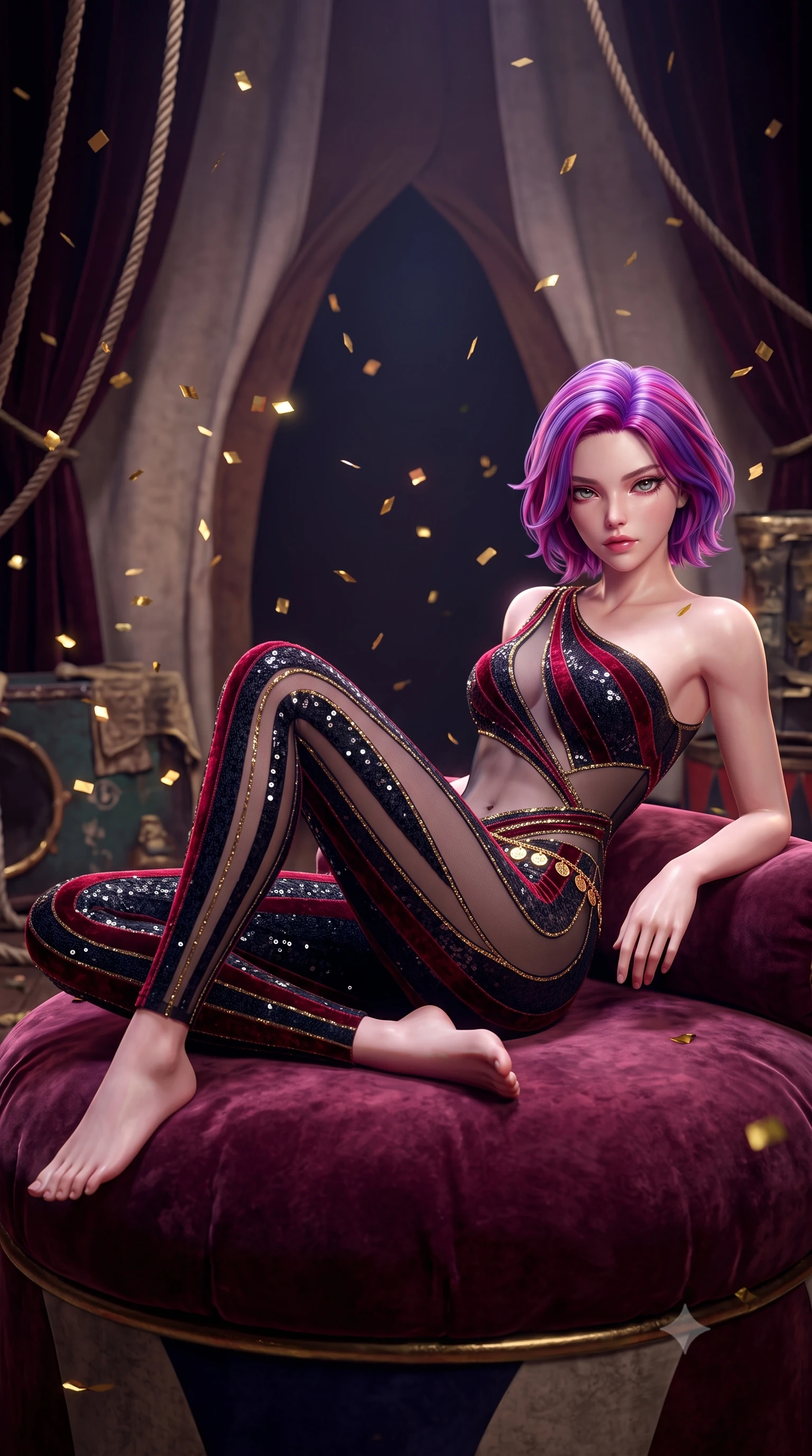 score_9, masterpiece, best quality, ultra-detailed, high-budget anime keyframe, semi-realistic 3D game render, editorial fashion photography, tasteful artistic composition, Caucasian woman. low angle full-body shot from head to toe showing her feet, filling the entire 9:16 vertical frame with her statuesque presence, stretching her vertical silhouette. reclining on her side in an elegant Cleopatra pose with one knee drawn up, the dramatic contour of her rounded hips and long slender legs commanding the 9:16 vertical frame while reclining languidly on a velvet ring cushion inside the dark circus tent, spine arched in an alluring S-curve as gold confetti flutters around her. The composition keeps background elements in soft focus with creamy bokeh. looming circus tent canvas arches and velvet rigging ropes softened in theatrical shallow focus. She has an absolutely perfect, statuesque 8.5-heads proportion, an exceptionally tall and slender model-like female figure with impossibly long slender legs, a toned flat midriff, an ultra-slim waist, and beautifully sculpted feminine hips. sharp v-shaped jawline, high-bridge nose, intricate jewel-like eyes with depth, thick eyelashes, glossy parted lips with a natural sheen, intensely captivating and seductive bedroom-eyes expression, flawlessly proportioned anatomical accuracy, strict slender model proportions, natural body alignment, perfectly sculpted long slender limbs, ultra-slim waistline, clean dynamic posture without body distortion. wearing an asymmetric one-shoulder carnival catsuit with sheer contouring mesh panels and sequin striping in midnight obsidian black and blood crimson velvet, made of sheer contouring power-mesh with fine gold glitter flocking, accented with a delicate gold coin waist chain framing her feminine hip curve, the form-contouring material adhering flawlessly to her sculpted flat midriff and slender torso, emphasizing her long leg lines and perfectly proportioned willowy build. surrounded by an eccentric, spellbinding, and dangerously seductive circus queen aura. highly saturated vibrant anime colors, detailed shading with soft gradients, rich glossy textures, high-contrast stereoscopic depth, volumetric dynamic lighting, master piece, 9:16 ratio