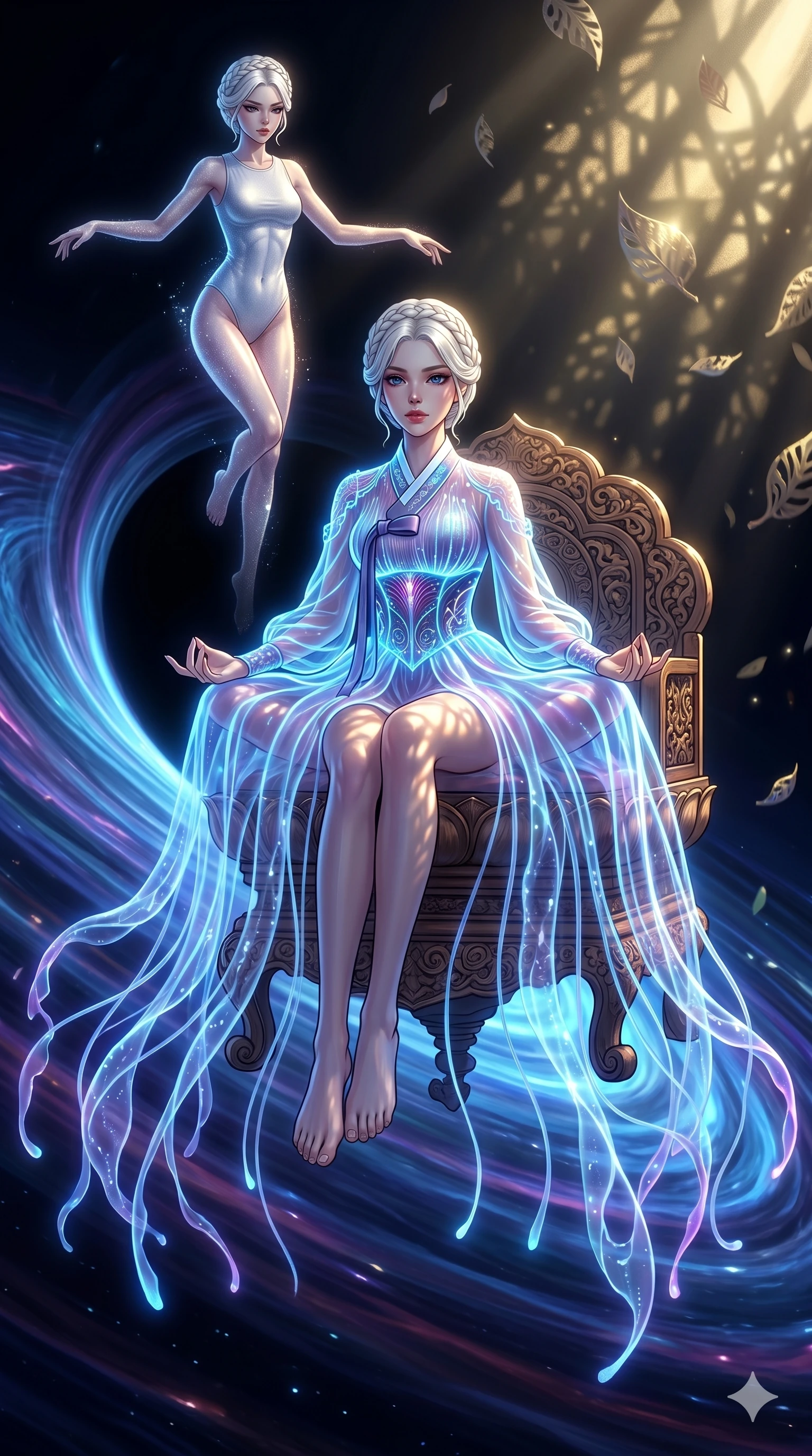 score_9, masterpiece, best quality, ultra-detailed, Set A: High-budget Anime Keyframe, Korean woman. Low angle cowboy shot filling the entire 9:16 frame with her statuesque presence. Theme: Historical Remix. meditating in the edge of a black hole, as her reflection in the air starts to dance independently 25. The atmosphere is filled with cinematic sunlight through leaves. She has an absolutely perfect 8-heads proportion, an exceptionally tall and slender female figure with impossibly long slender legs and an ultra-slim waist. Sharp v-shaped jawline, high-bridge nose, intricate jewel-like eyes with depth, glossy lips. Wearing Bioluminescent jellyfish-inspired dress with long flowing transparent tentacles. Cinematic lighting, vivid colors, dramatic shadows, 2k, ultra detail, master piece, 9:16 ratio
