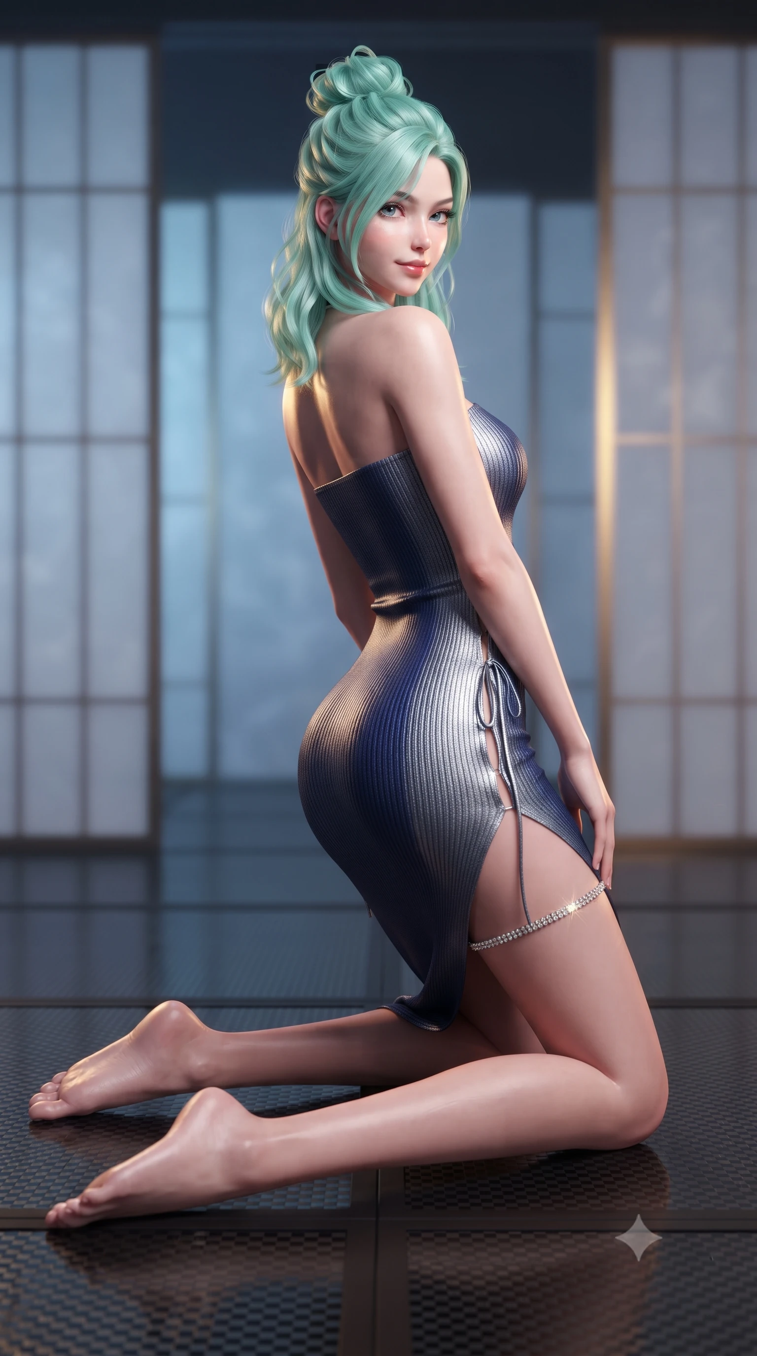 score_9, masterpiece, best quality, ultra-detailed, high-budget anime keyframe, editorial fashion photography, tasteful artistic composition, Japanese woman. low angle full-body shot from head to toe showing her feet, filling the entire 9:16 vertical frame with her statuesque presence, stretching her vertical silhouette. walking along the terrace with poise, looking back over her bare shoulder with an irresistible smoldering bedroom-gaze while kneeling gracefully on the black carbon-fiber tatami with hips angled back, arching her lower back with breathless traditional-cyber allure. The background shows a soft-focus minimalist sliding shoji screens softened in neo-oriental cyberpunk shallow focus. She has an absolutely perfect, statuesque 8.5-heads proportion, an exceptionally tall and slender model-like female figure with impossibly long slender legs, an ultra-slim waist, a flat toned midriff, narrow delicate ribcage, and beautifully sculpted feminine hips creating a graceful, slim hourglass silhouette without any bulky heaviness. sharp v-shaped jawline, high-bridge nose, sparkling eyes with hypnotic seductive depth, thick curled eyelashes, glossy parted lips with a natural dewy peach sheen, alluring bedroom-eyes with an enchanting coquettish smile, exuding magnetic siren charisma and sophisticated glamour, flawlessly proportioned anatomical accuracy, strict slender model proportions, natural body alignment, perfectly sculpted long slender limbs, ultra-slim waistline, clean dynamic posture without body distortion. wearing a form-contouring ribbed knit tube dress with subtle side-lace ties tracing the curve of her hips in molten liquid silver and deep sapphire navy, woven from buttery-soft stretch lambskin leather adhering to her body like a second skin, finished with delicate crystal-encrusted thigh garter straps glinting in the dim light, the second-skin tailored fabric adhering flawlessly to her sculpted flat midriff and slender torso, emphasizing her long leg lines and perfectly proportioned willowy build. illuminated by lacquer floor reflection bounce and sharp warm-gold rim lights sculpting her jawline, ultra-slim waist, and curvy hips. ultra-reflective glossy finish, specular highlights, rich textural contrasts, high-contrast stereoscopic depth, volumetric dynamic lighting, 2k, ultra detail, master piece, 9:16 ratio